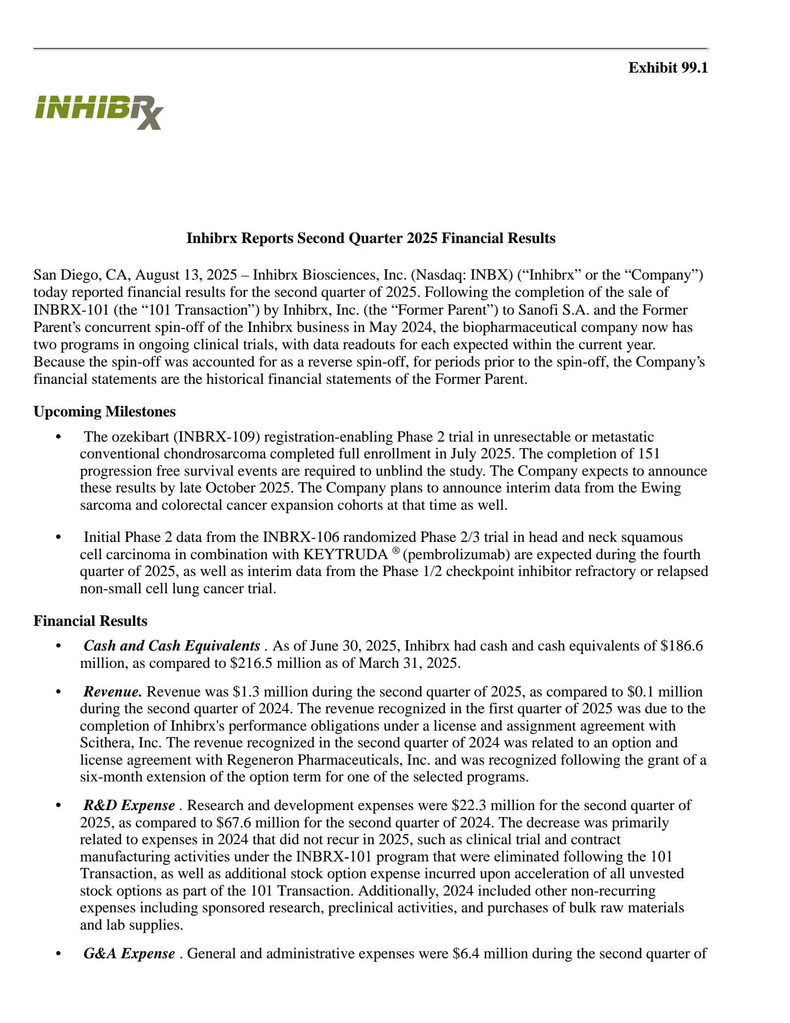 Inhibrx Biosciences' Q2 2025 Press Release