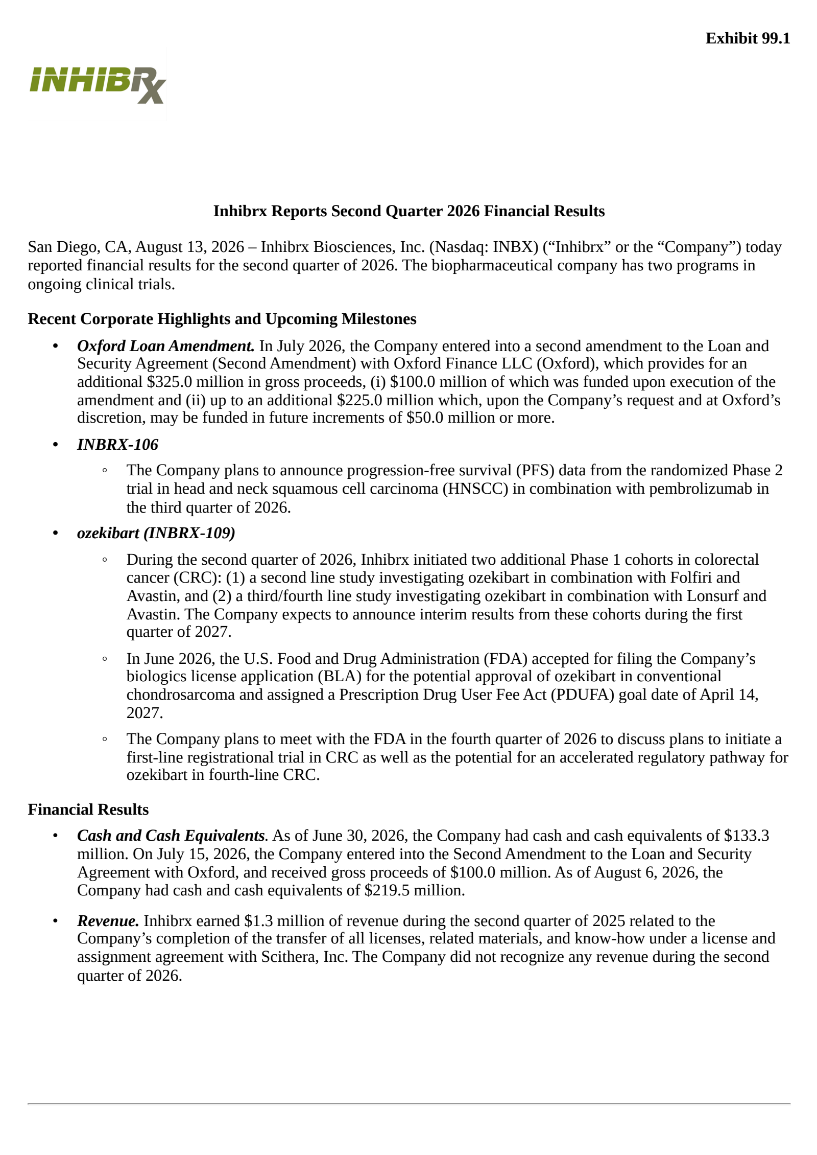 Inhibrx Biosciences' Q2 2026 Press Release