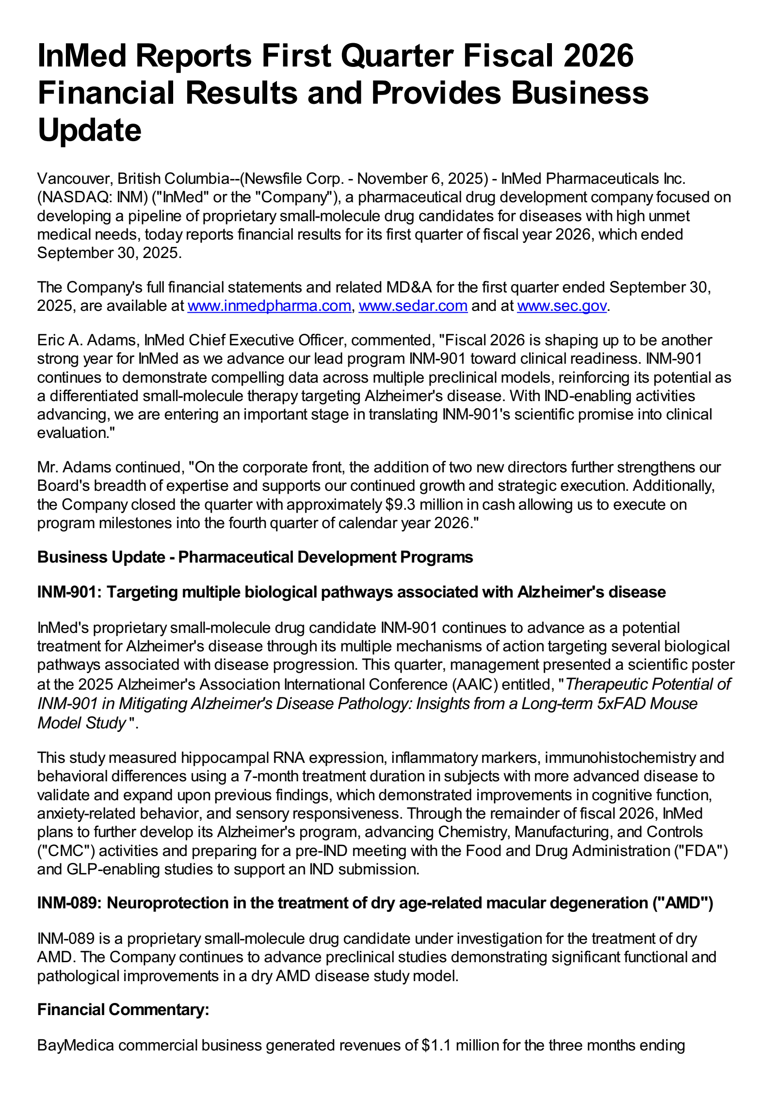InMed Pharmaceuticals' Q1 2026 Earnings Release