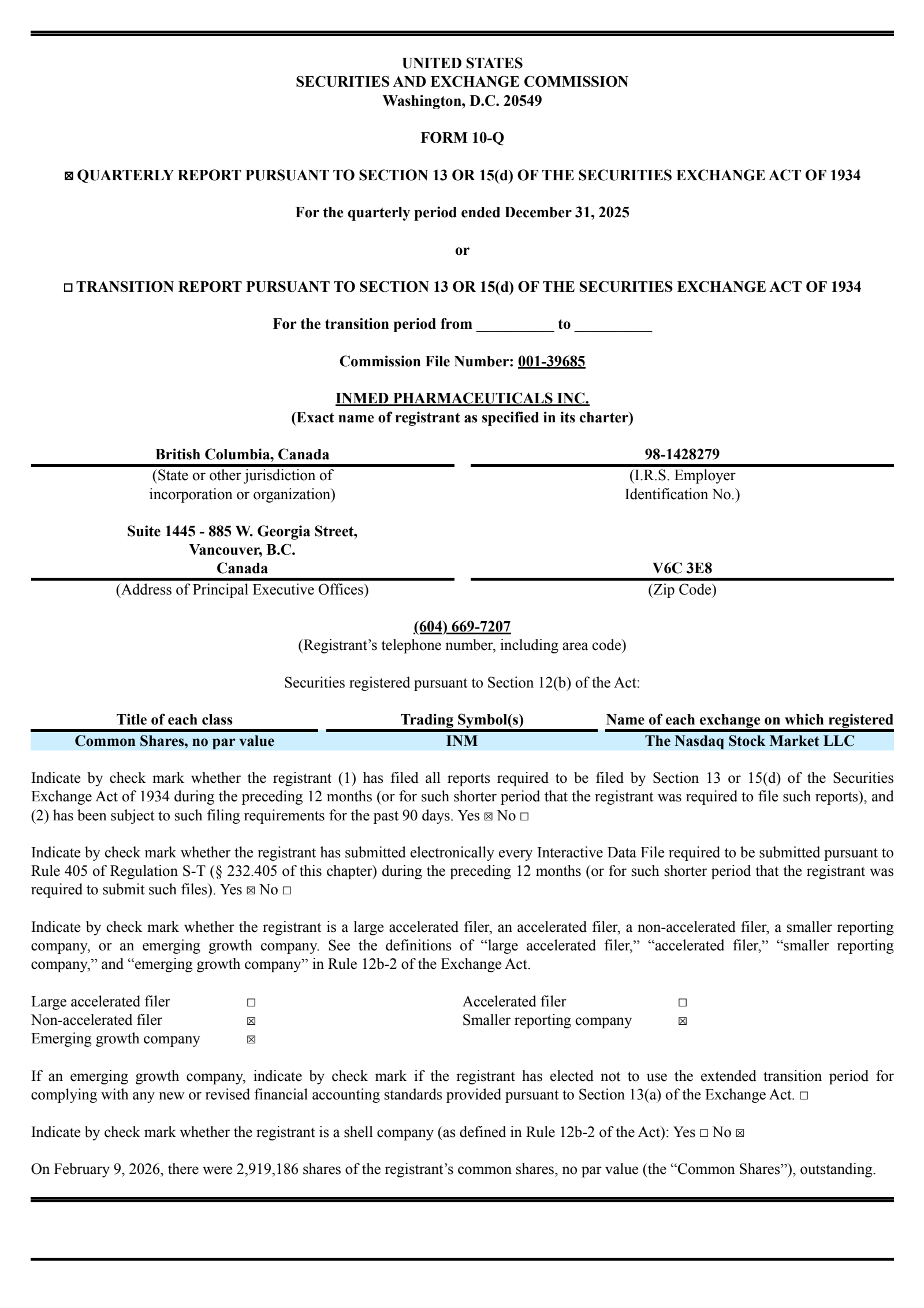 InMed Pharmaceuticals' Q2 2026 Quarterly report
