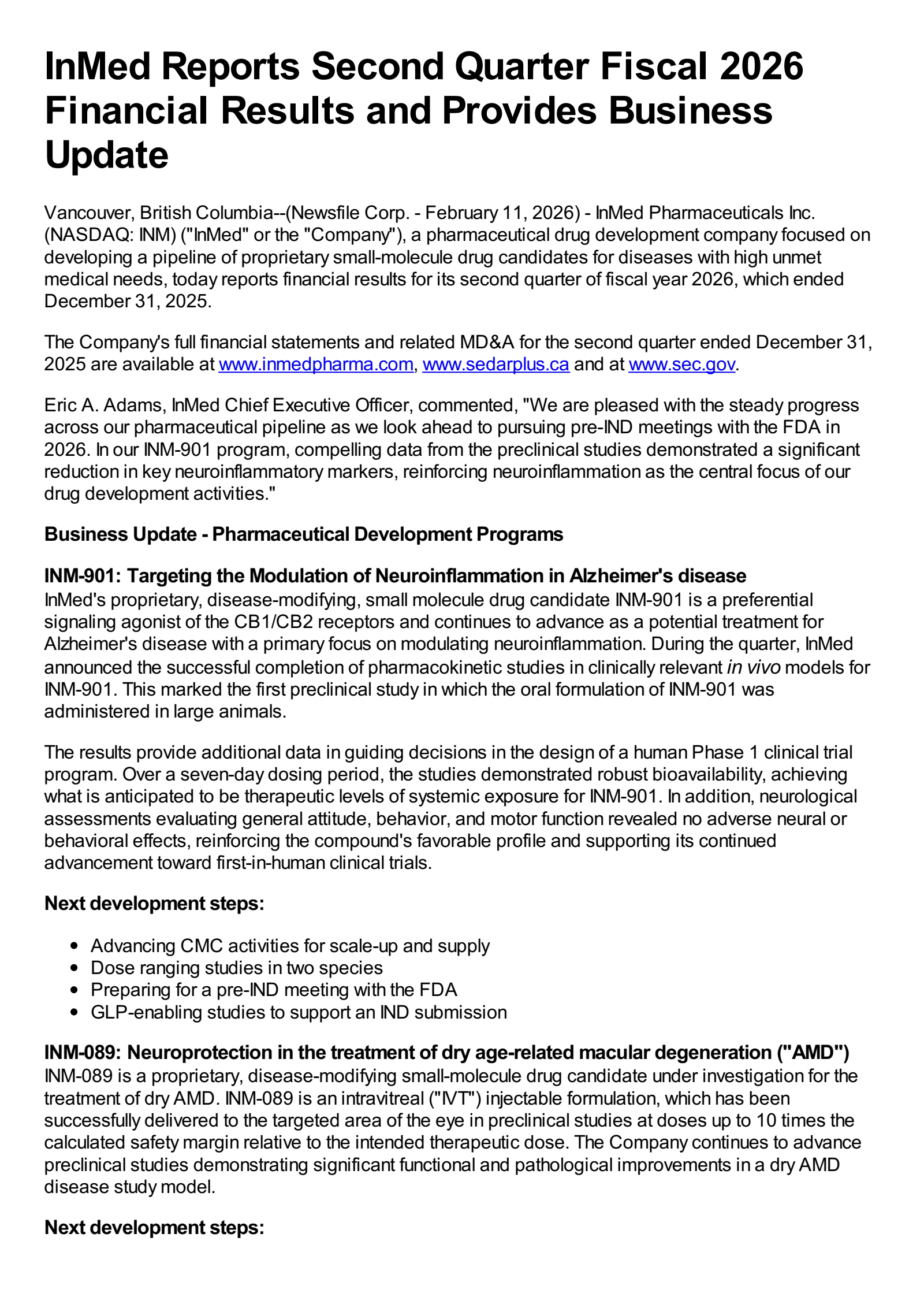 InMed Pharmaceuticals' Q2 2026 Press Release
