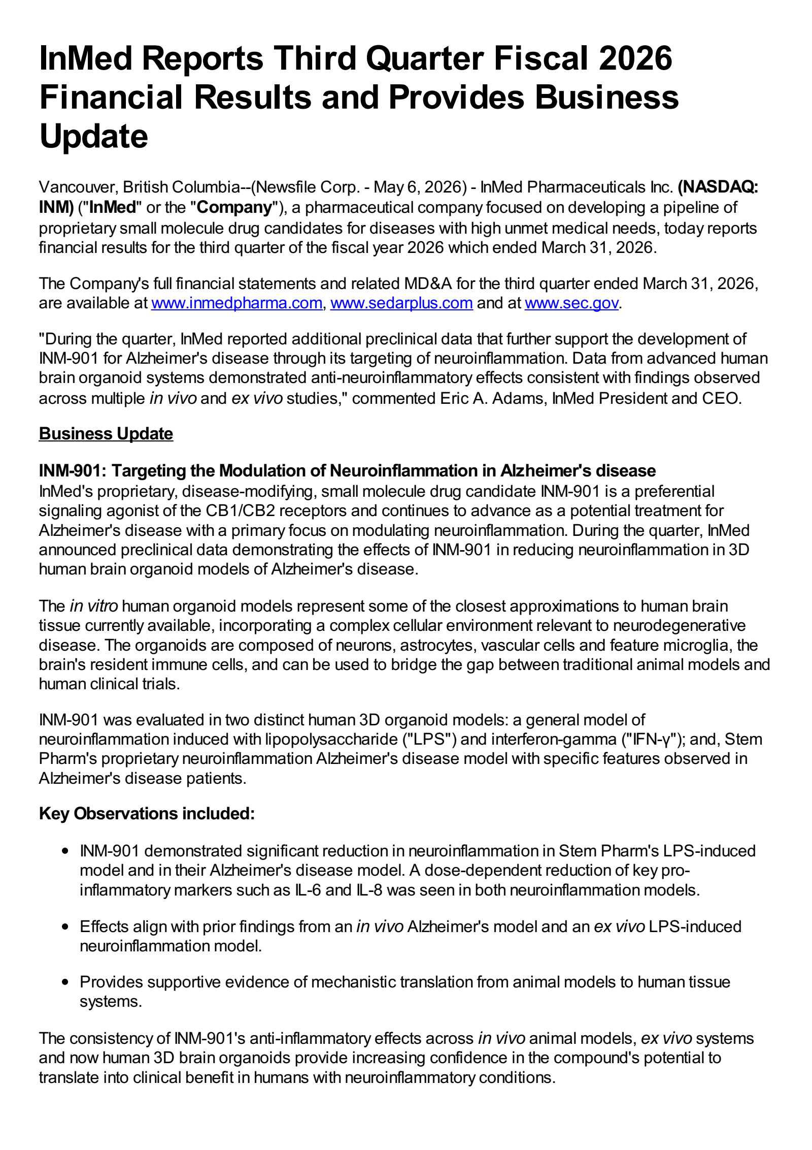 InMed Pharmaceuticals' Q3 2026 Press Release