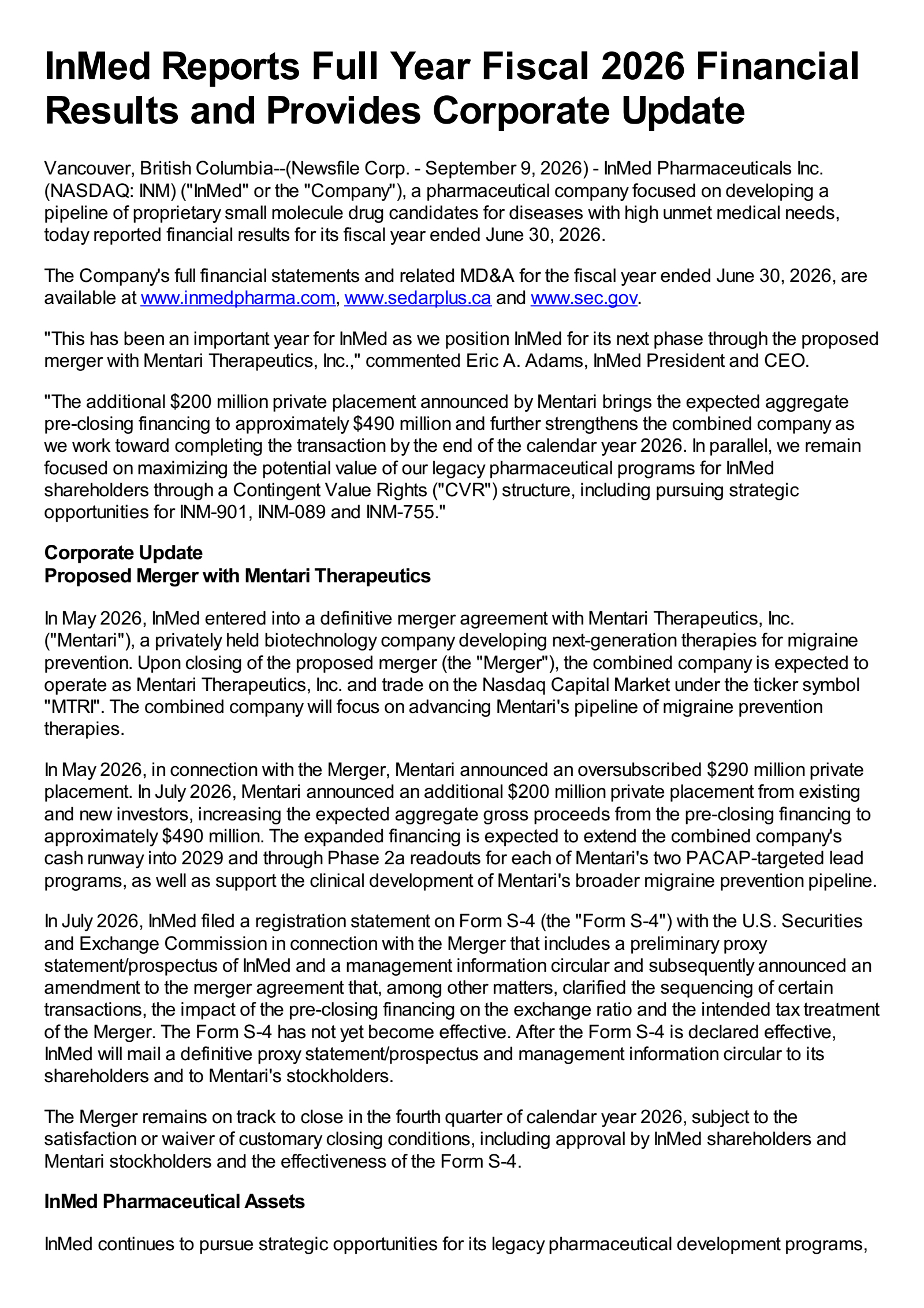 InMed Pharmaceuticals' Q4 2026 Press Release