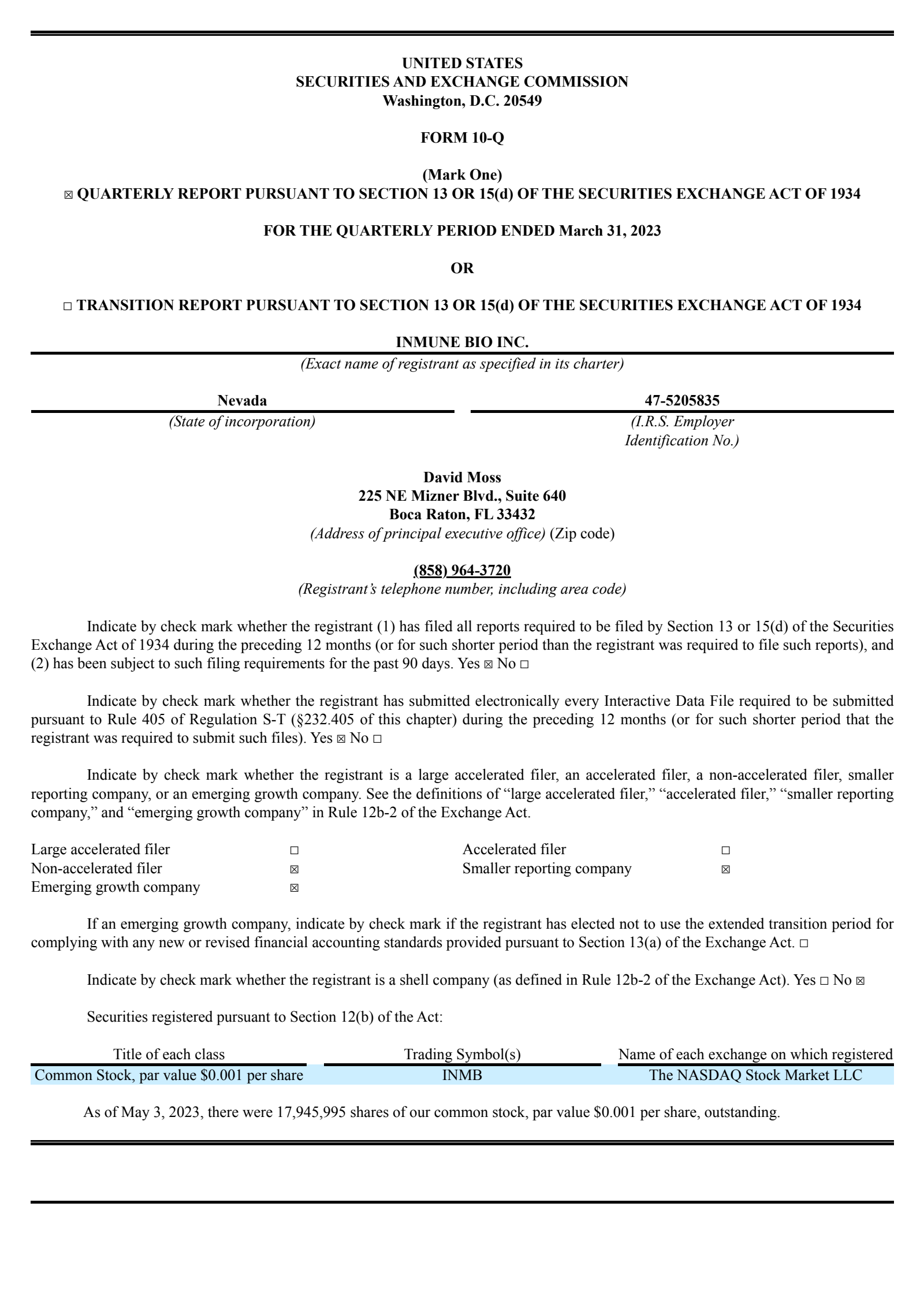 INmune Bio's Q1 2023 Quarterly report