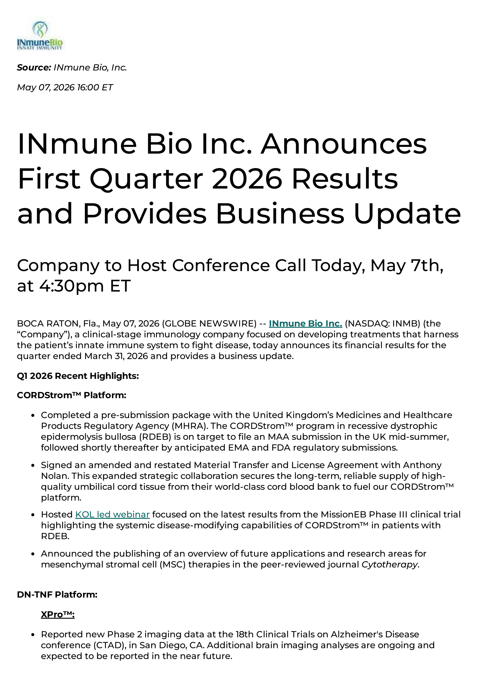 INmune Bio's Q1 2026 Press Release