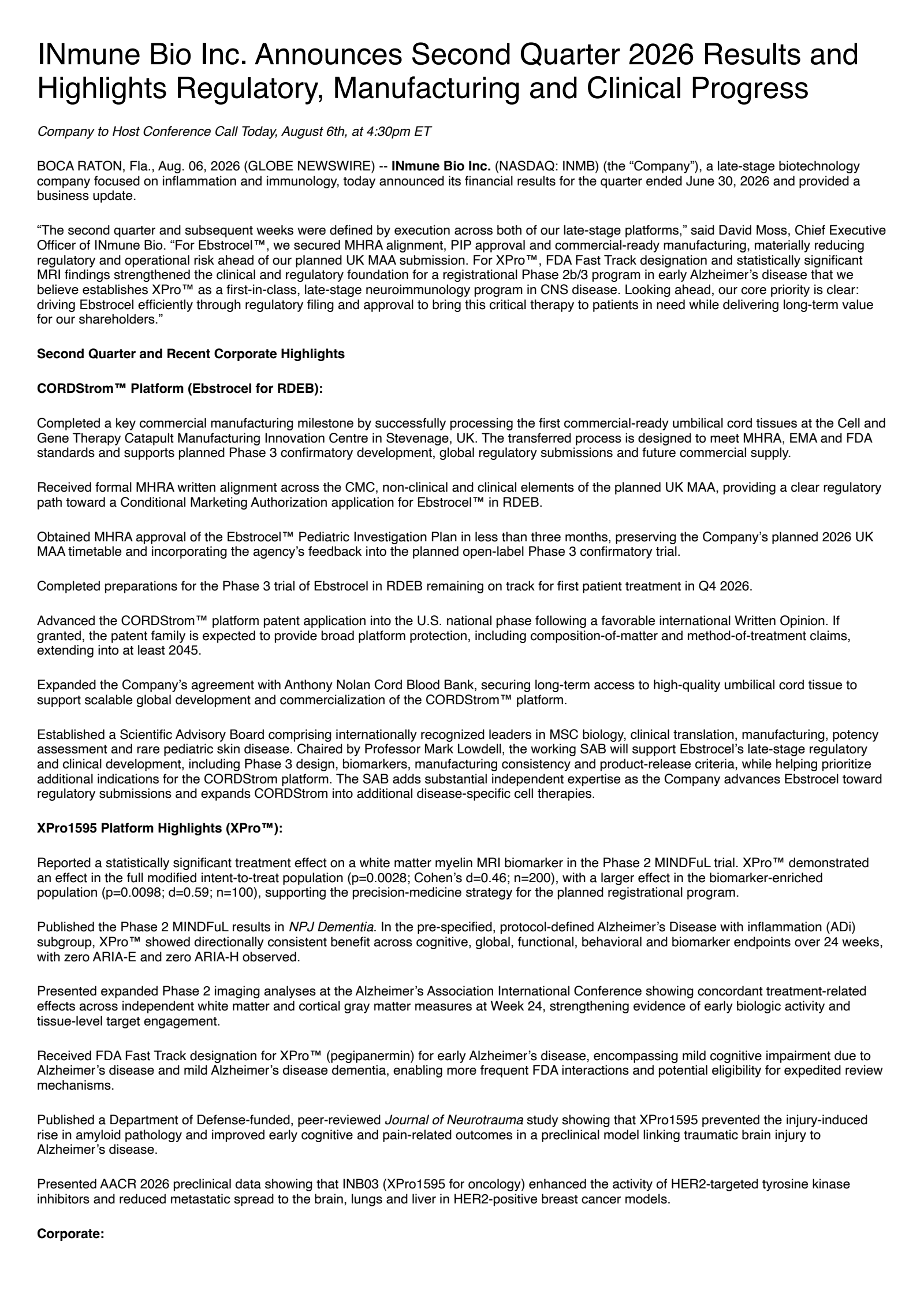INmune Bio's Q2 2026 Press Release