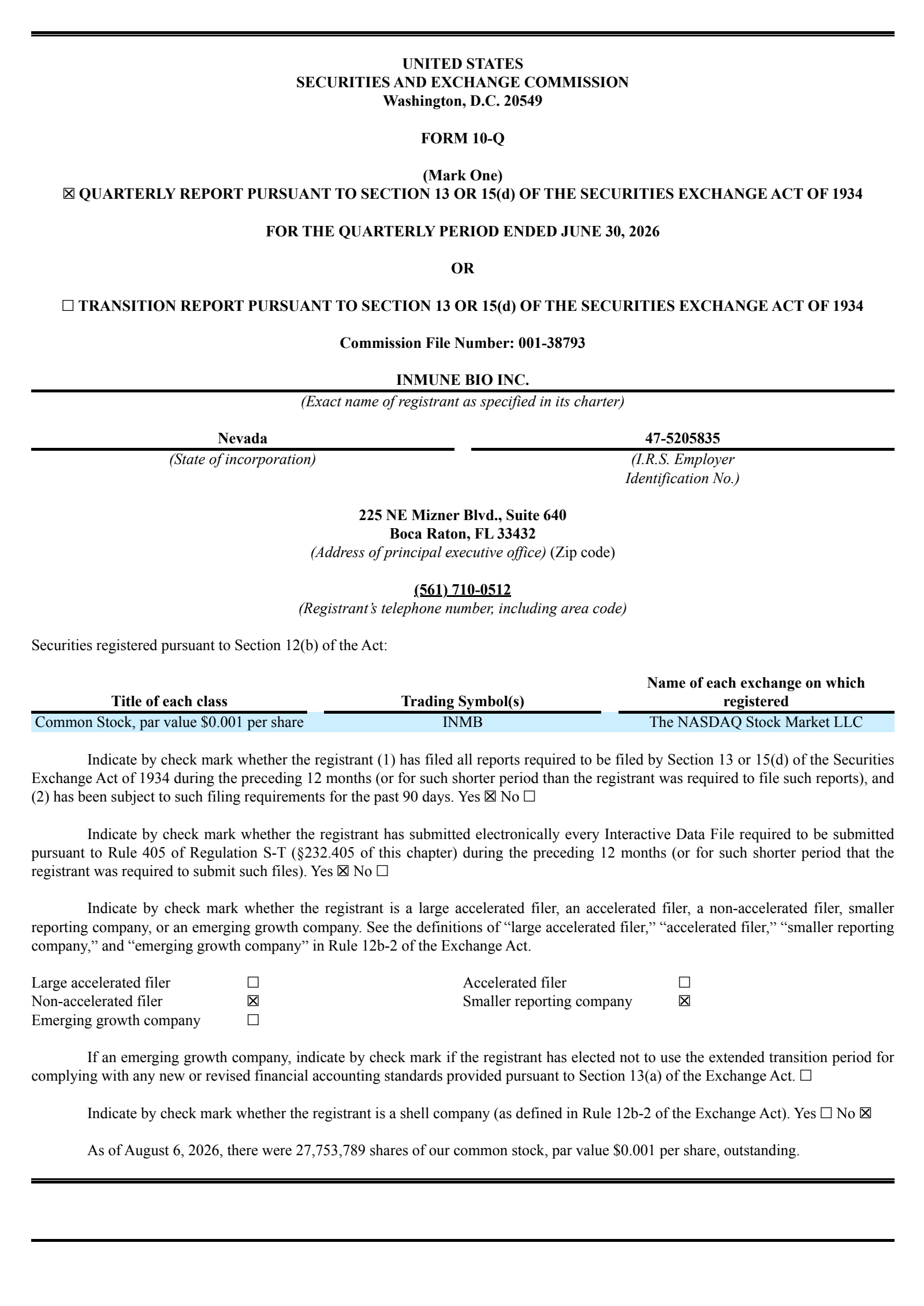 INmune Bio's Q2 2026 Quarterly report