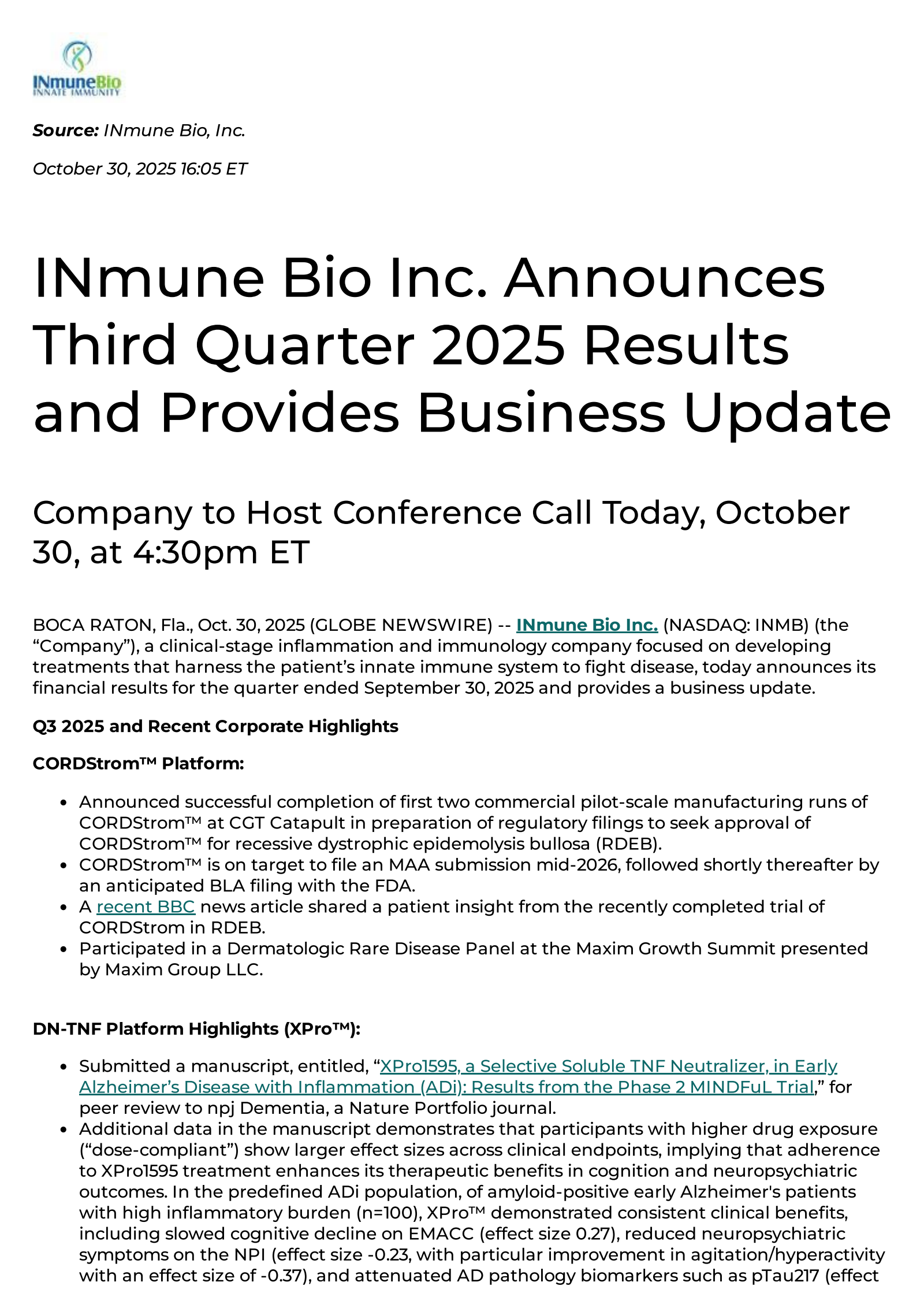 INmune Bio's Q3 2025 Earnings Release