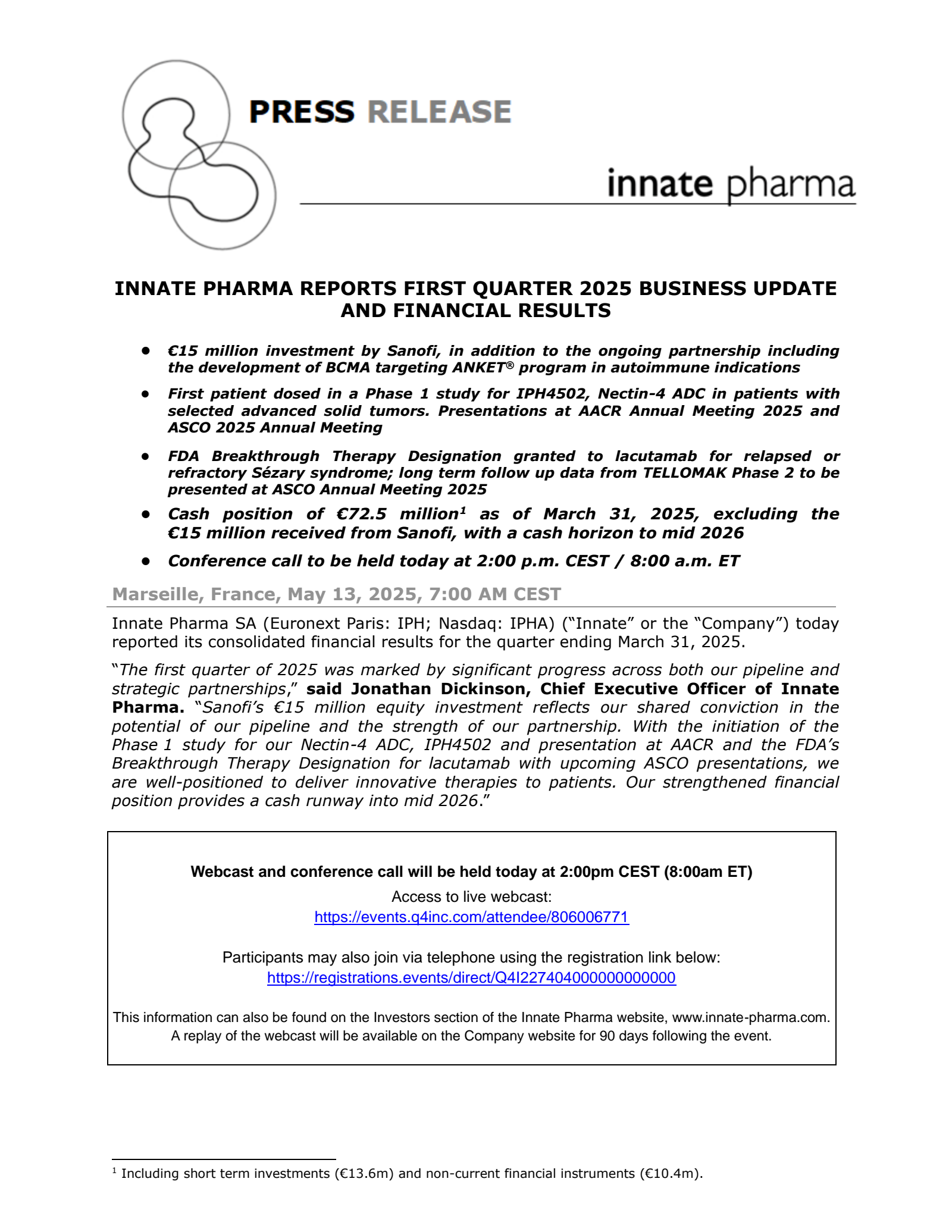 Innate Pharma's Q1 2025 Press Release