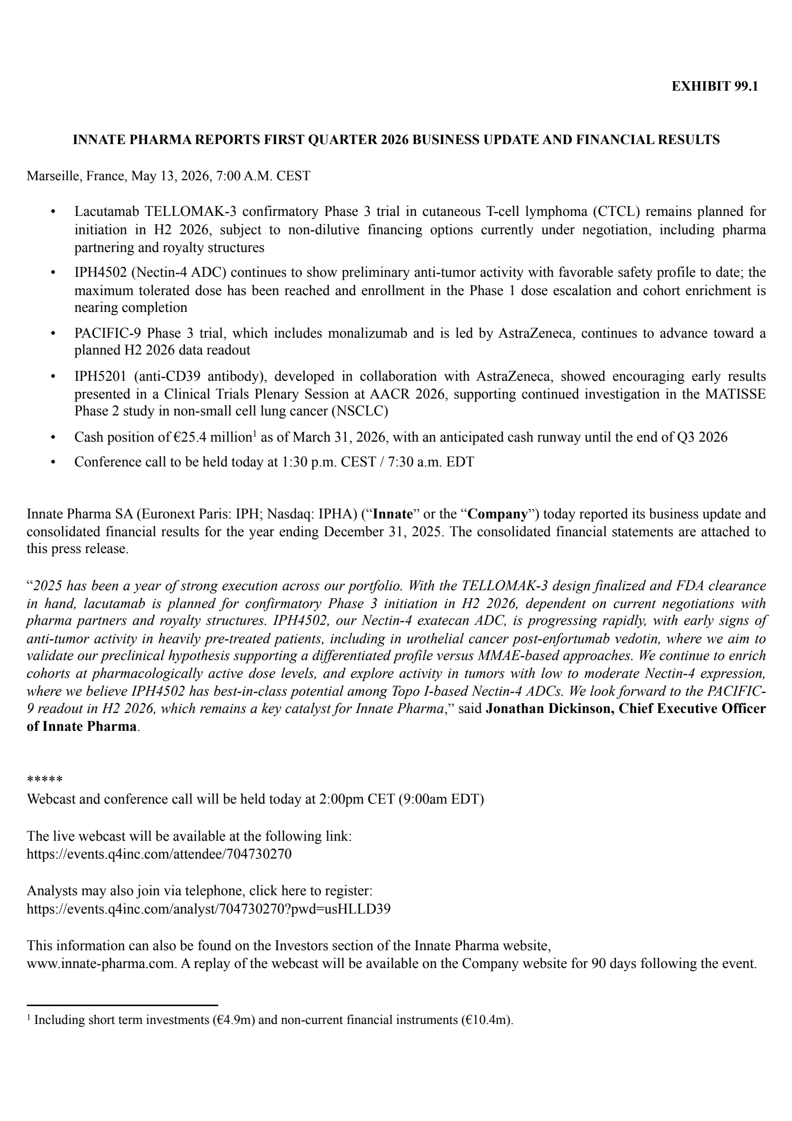 Innate Pharma's Q1 2026 TU Press Release