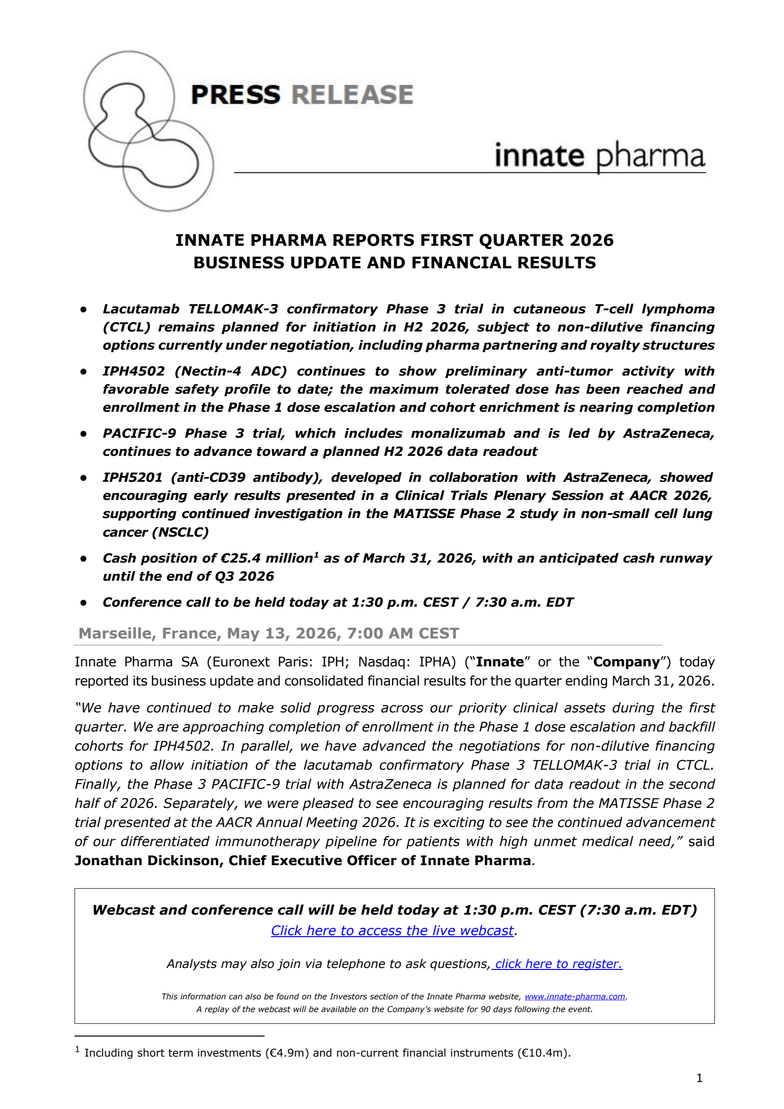 Innate Pharma's Q1 2026 TU Press Release