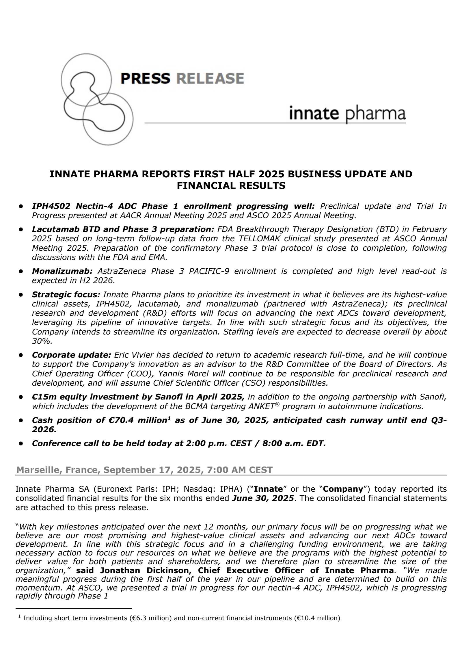 Innate Pharma's Q2 2025 Earnings Release