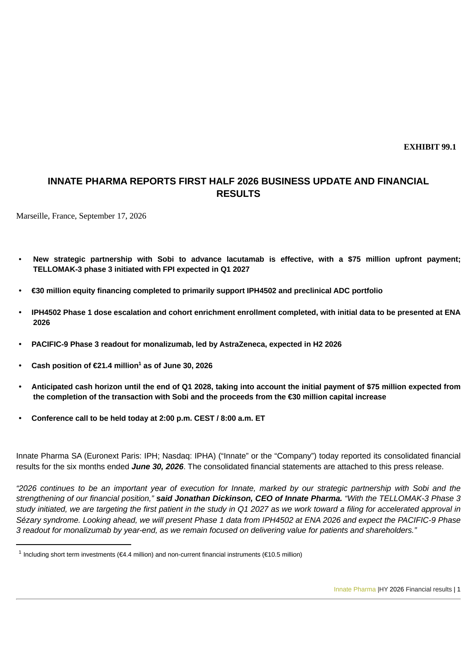 Innate Pharma's Q2 2026 Press Release