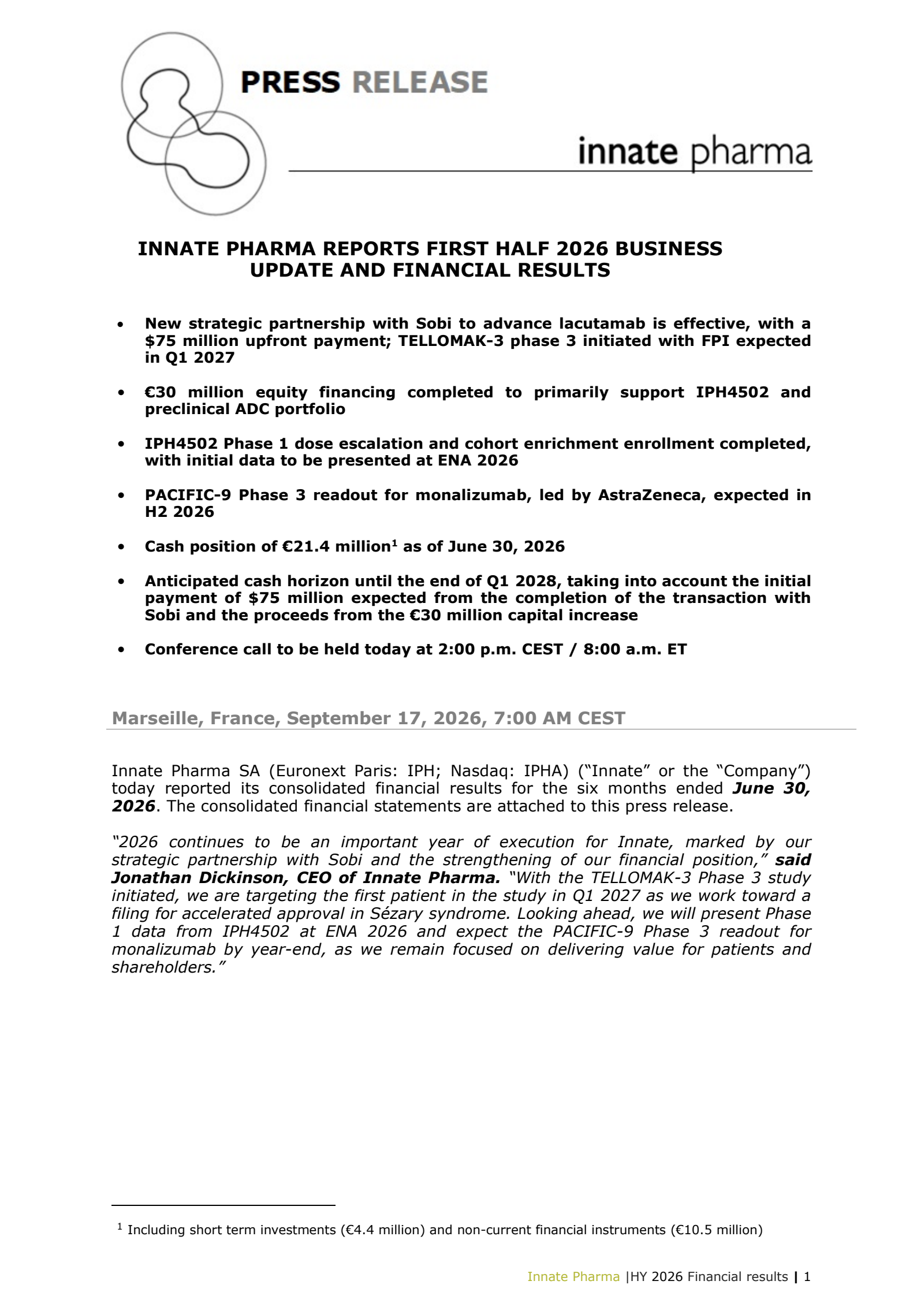 Innate Pharma's Q2 2026 Press Release