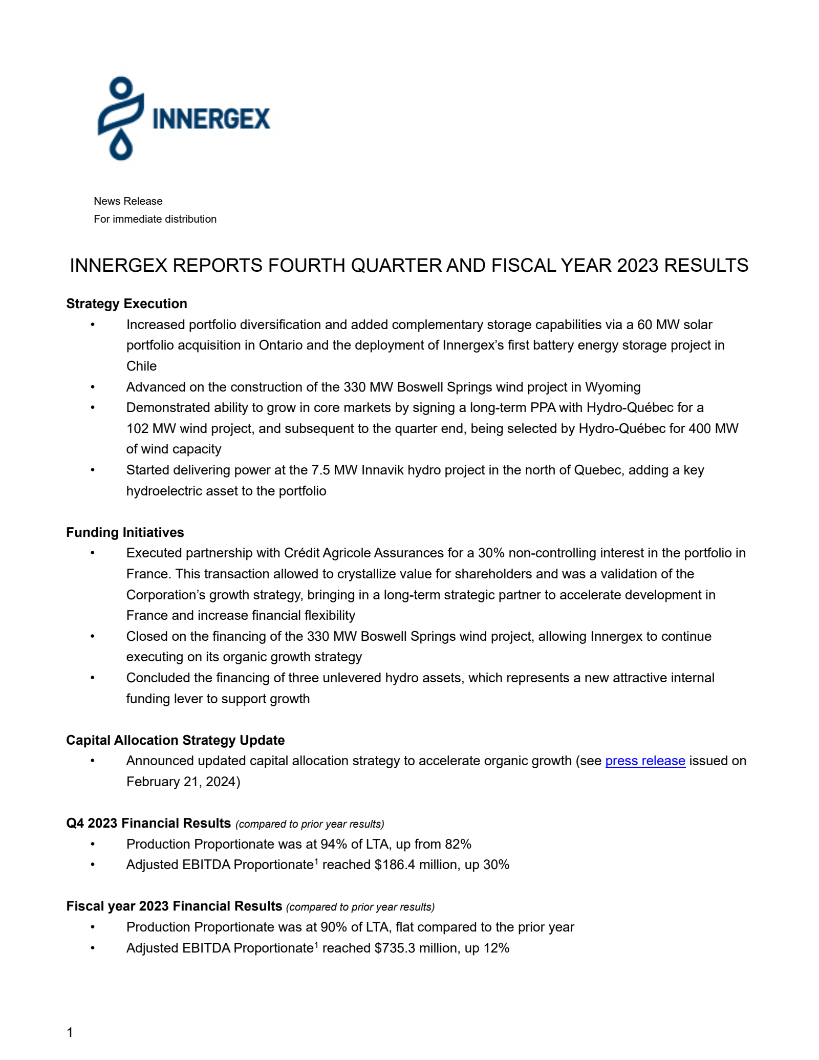 Innergex Renewable Energy's Q4 2023 Press Release