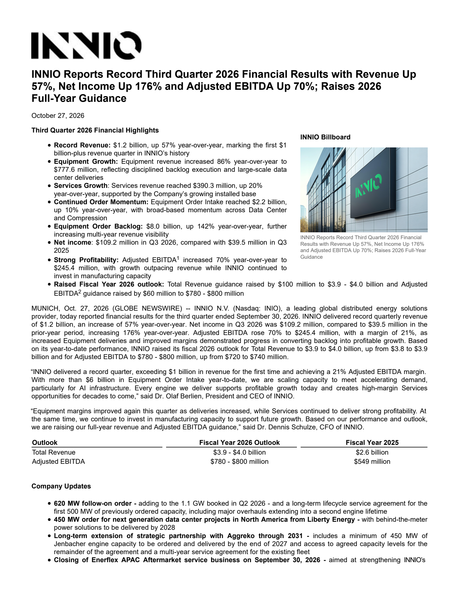 Innio's Q3 2026 Press Release