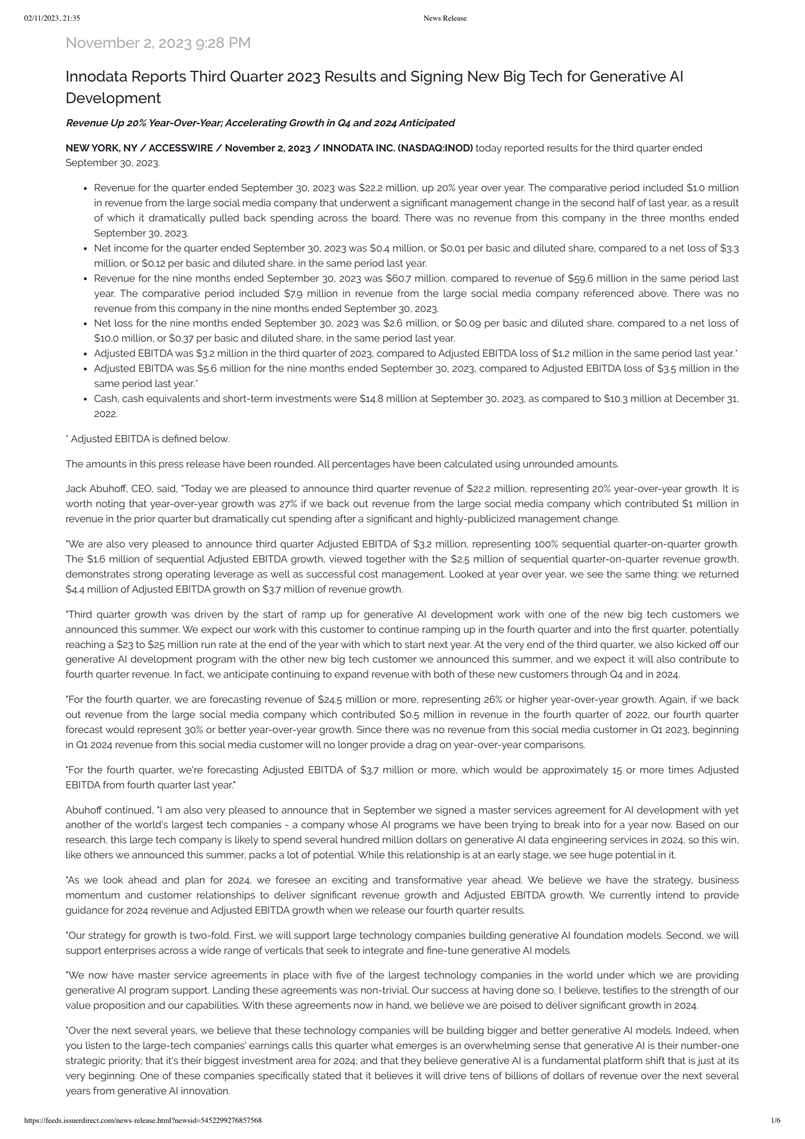 Innodata's Q3 2023 Press Release