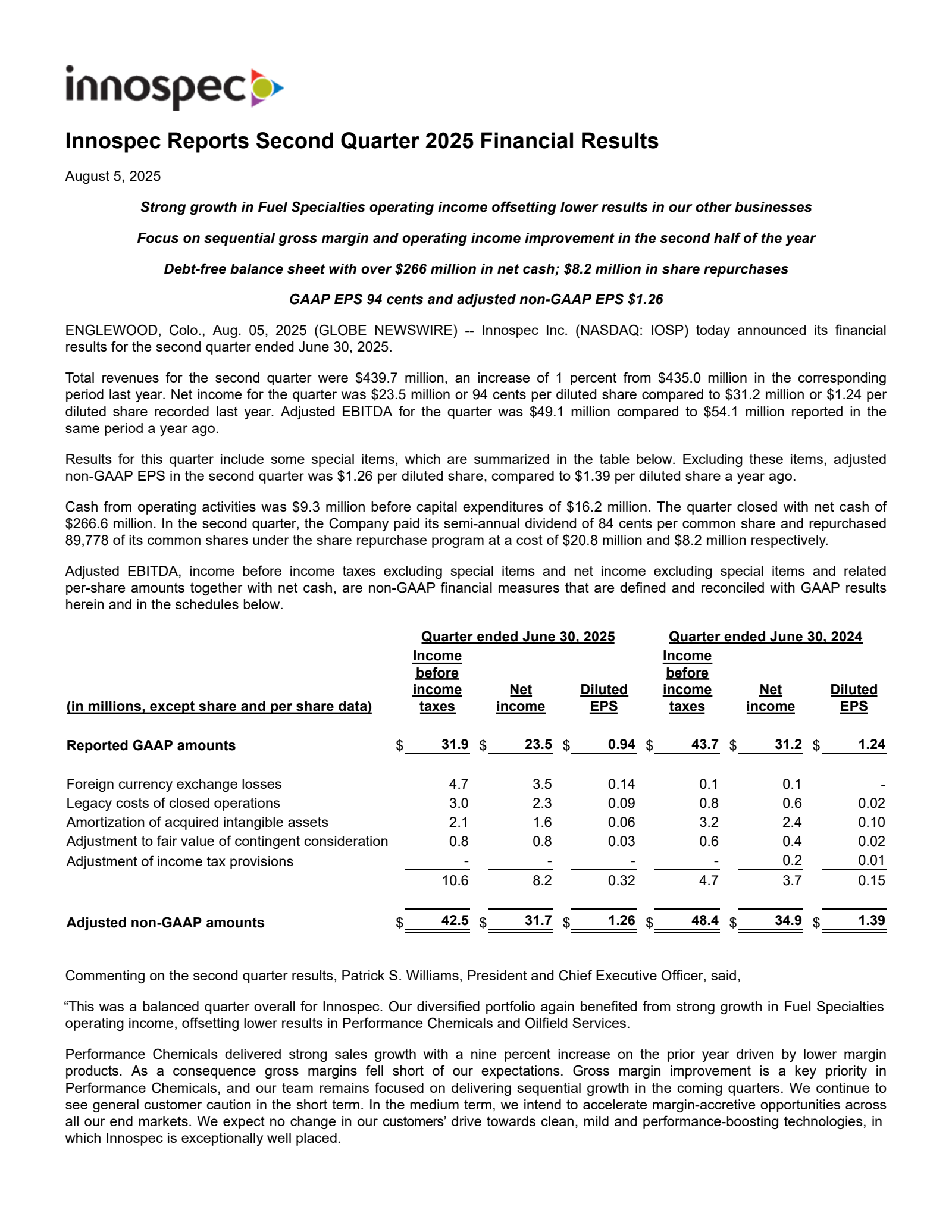 Innospec's Q2 2025 Press Release