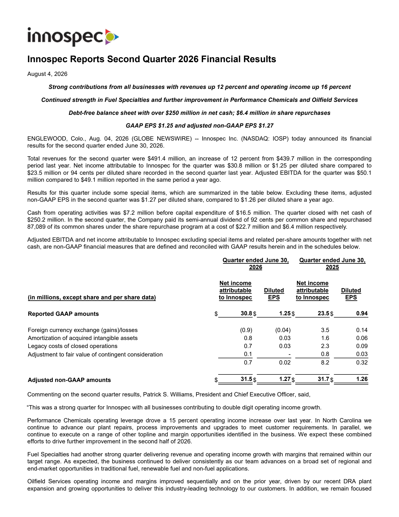 Innospec's Q2 2026 Press Release