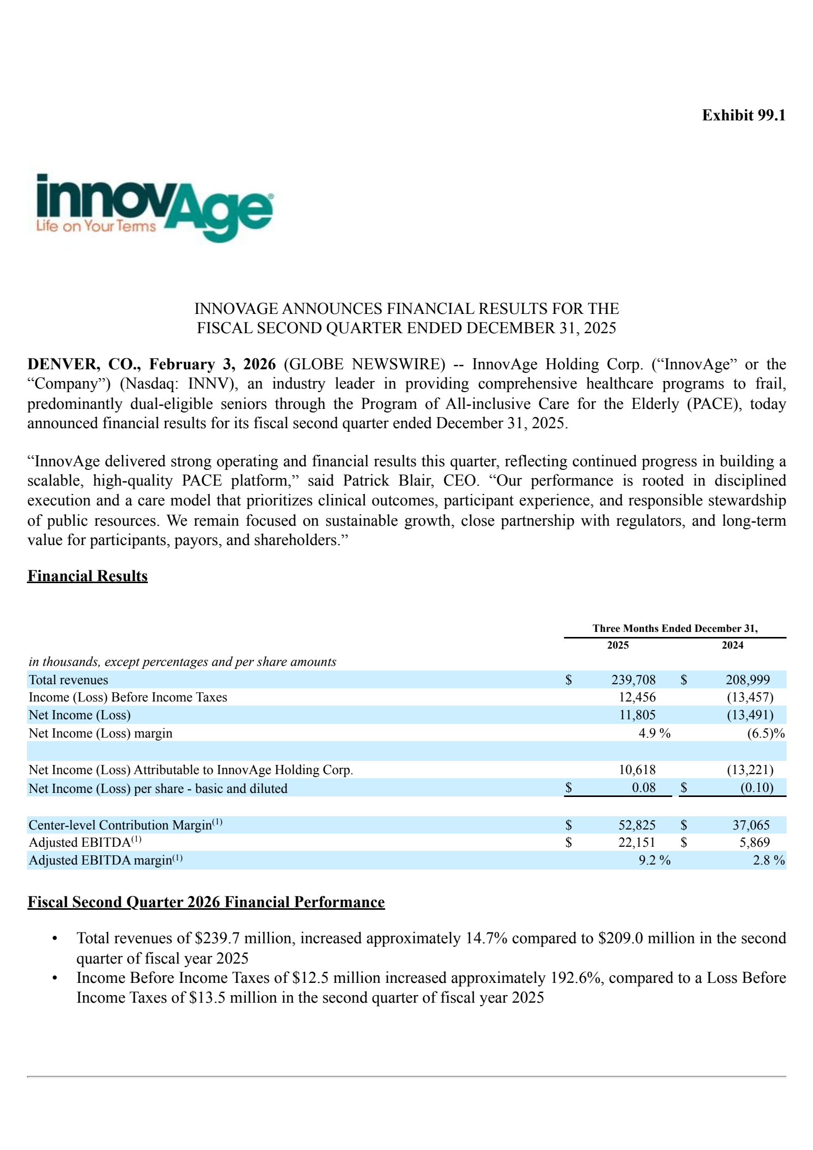 InnovAge's Q2 2026 Press Release