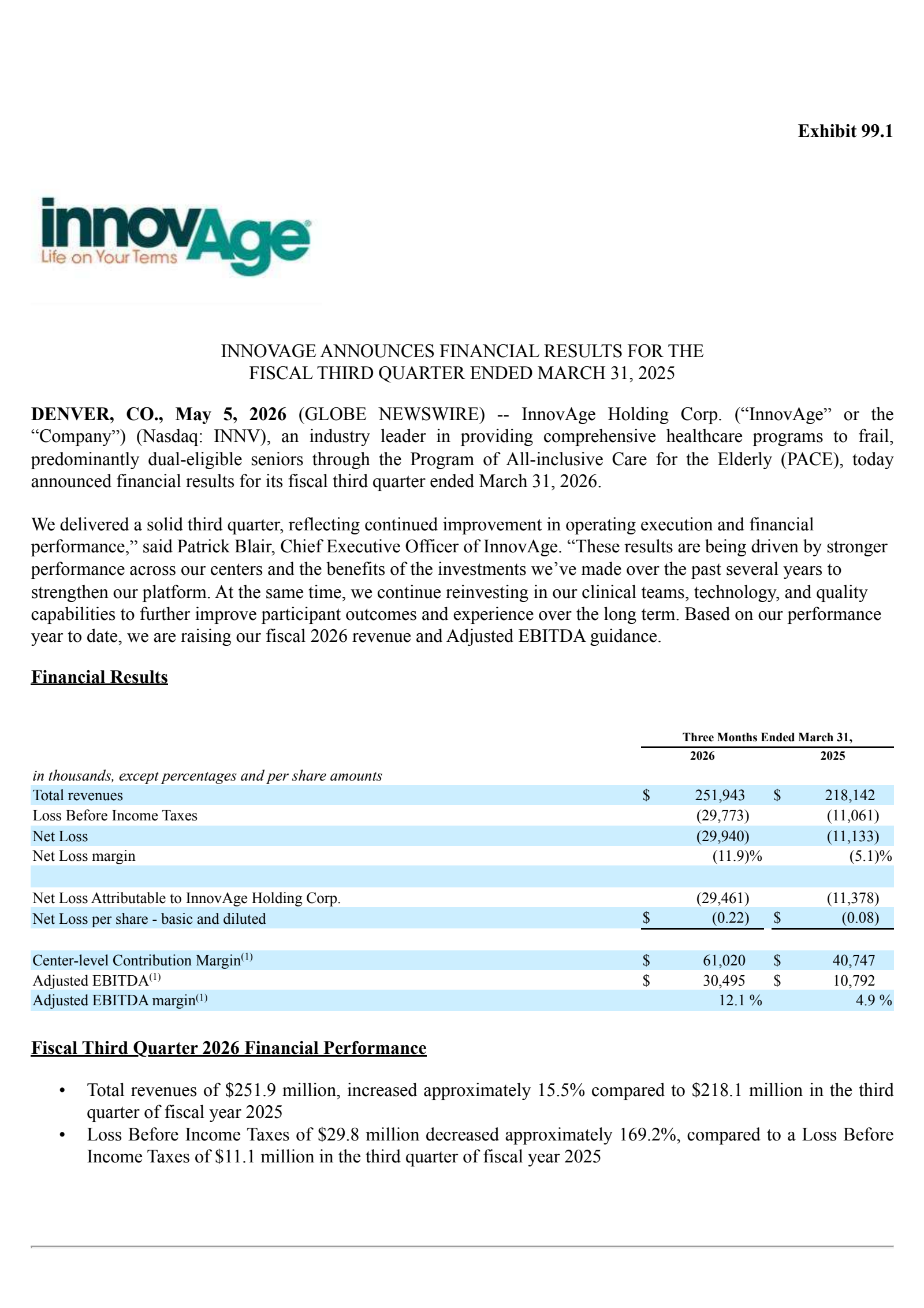 InnovAge's Q3 2026 Press Release