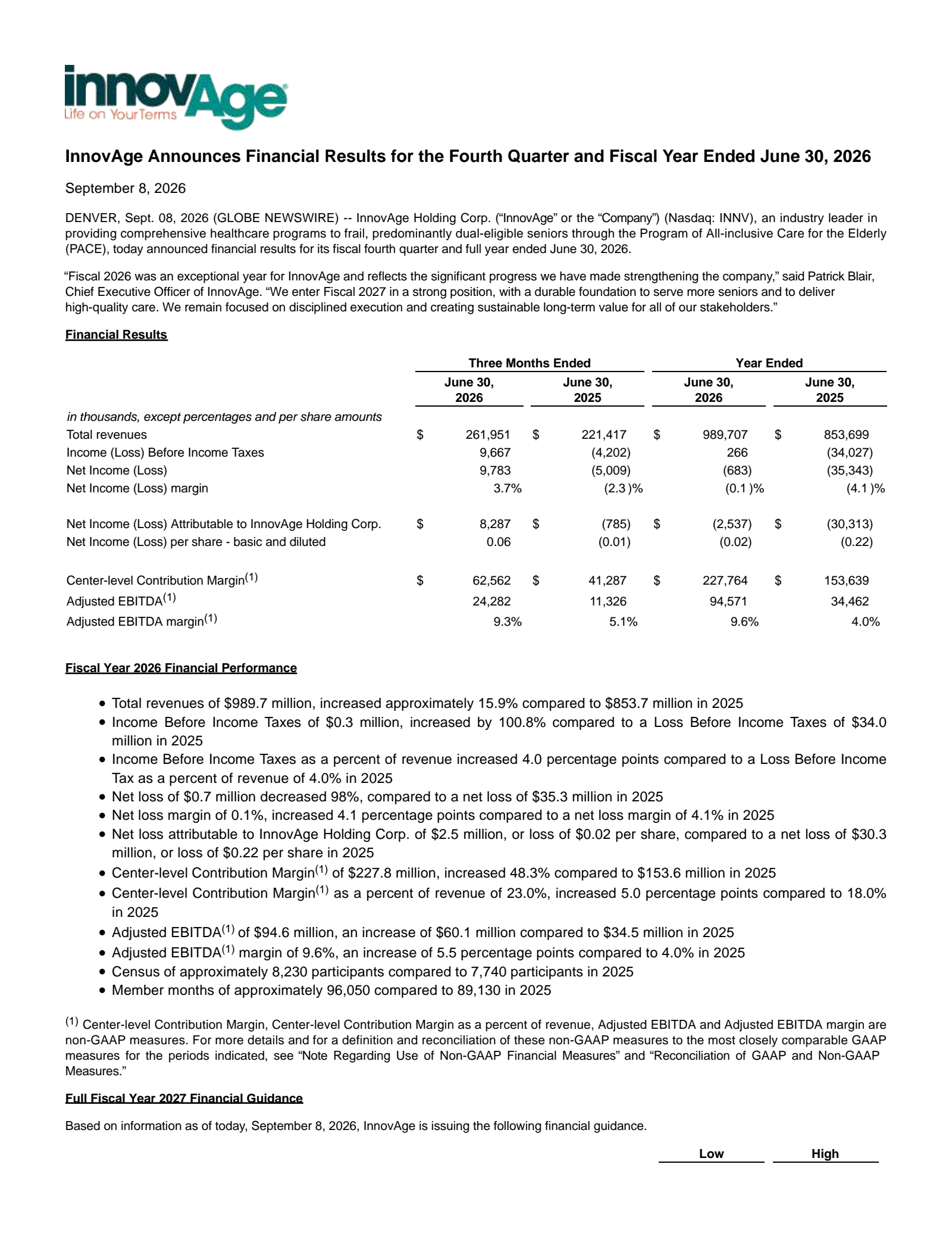 InnovAge's Q4 2026 Press Release