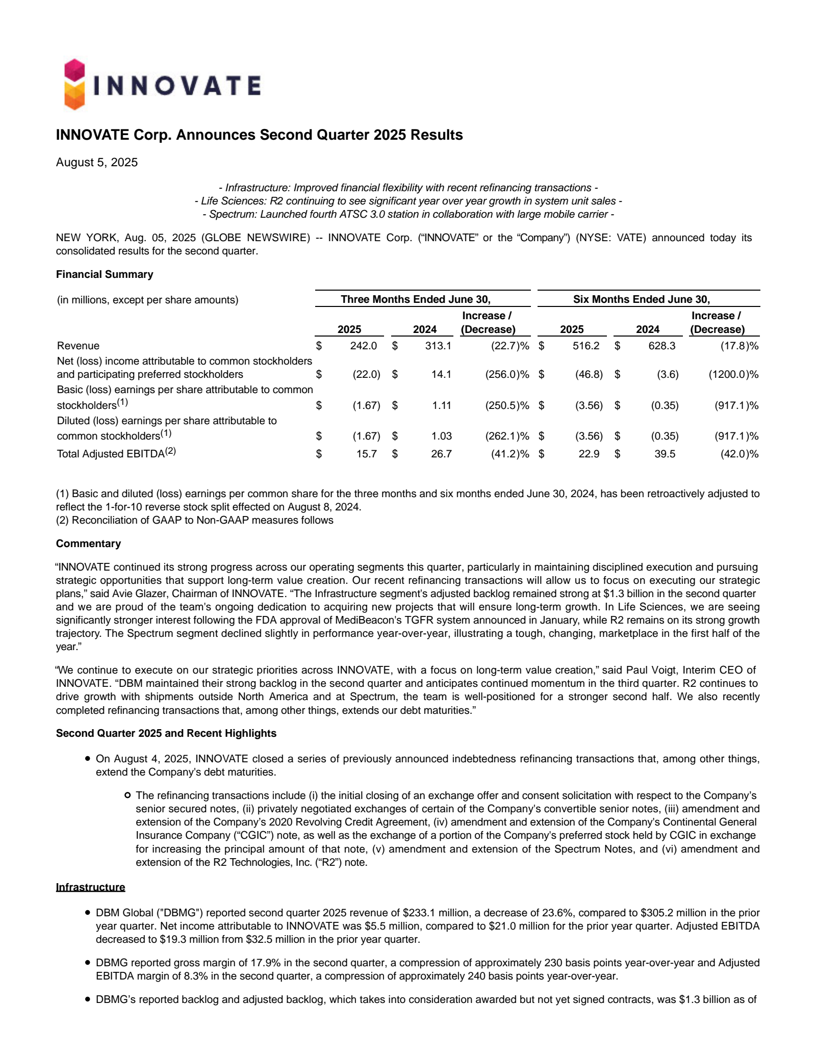 INNOVATE's Q2 2025 Press Release