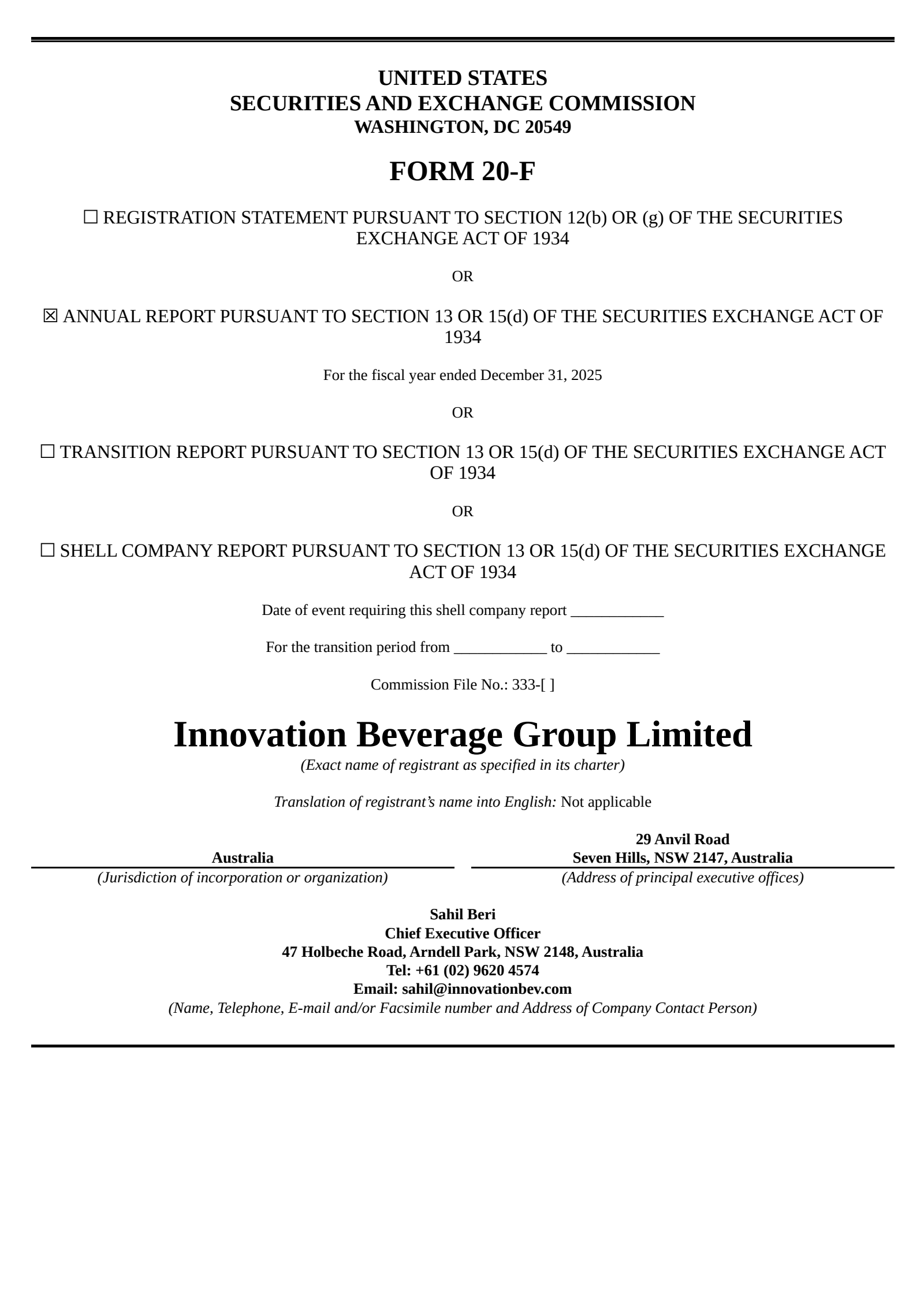 Innovation Beverage Group's Q4 2025 Annual report