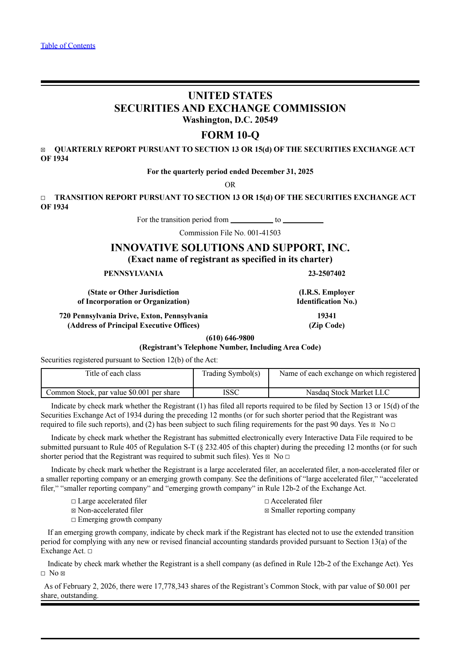 Innovative Solutions and Support's Q1 2026 Quarterly report