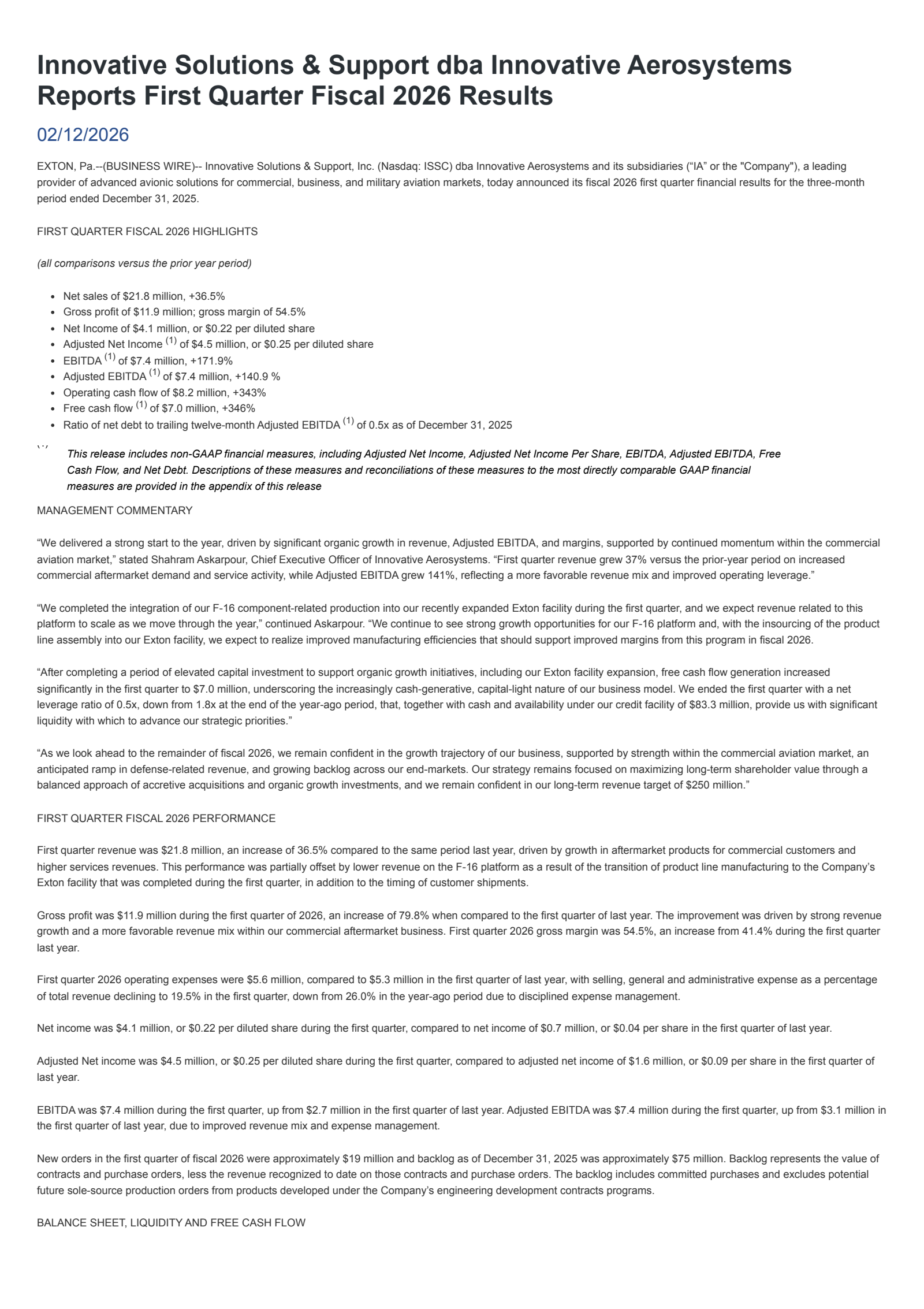 Innovative Solutions and Support's Q1 2026 Press Release