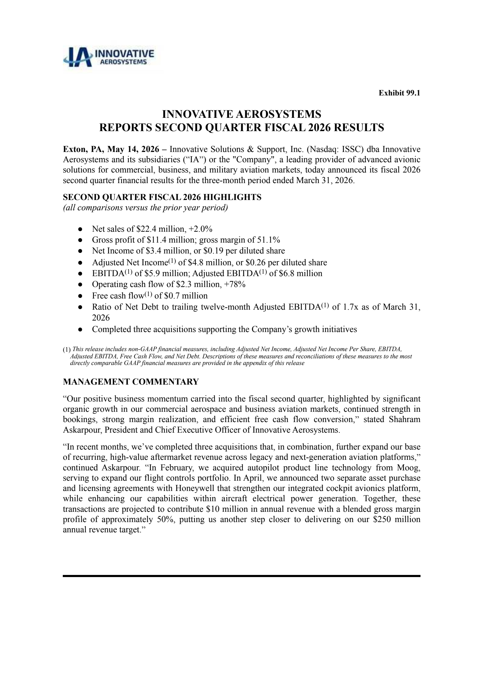 Innovative Solutions and Support's Q2 2026 Press Release
