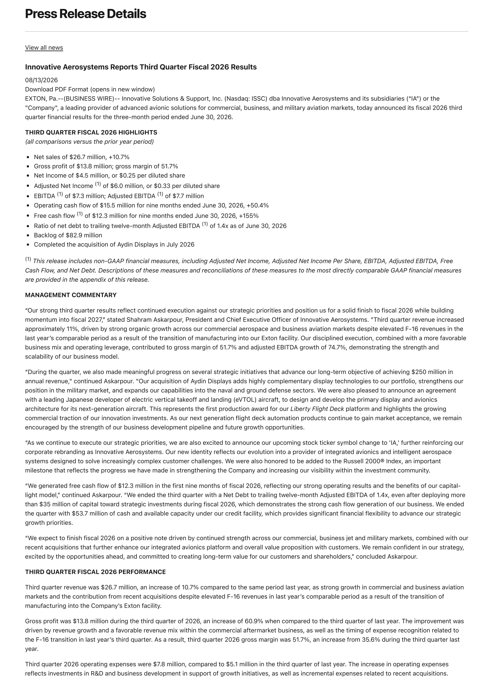 Innovative Solutions and Support's Q3 2026 Press Release