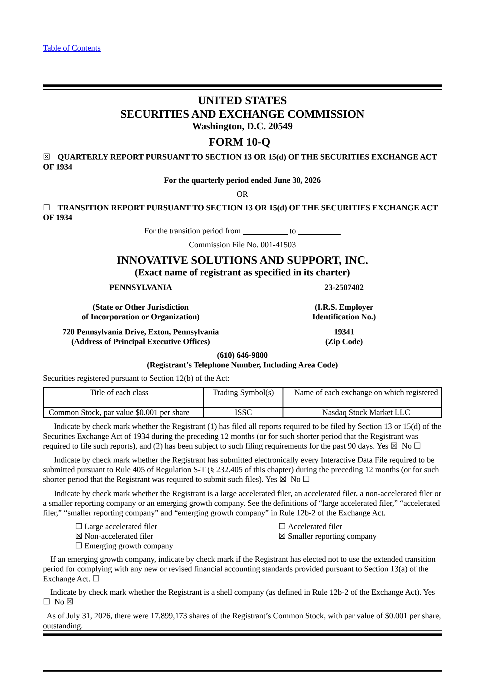 Innovative Solutions and Support's Q3 2026 Quarterly report
