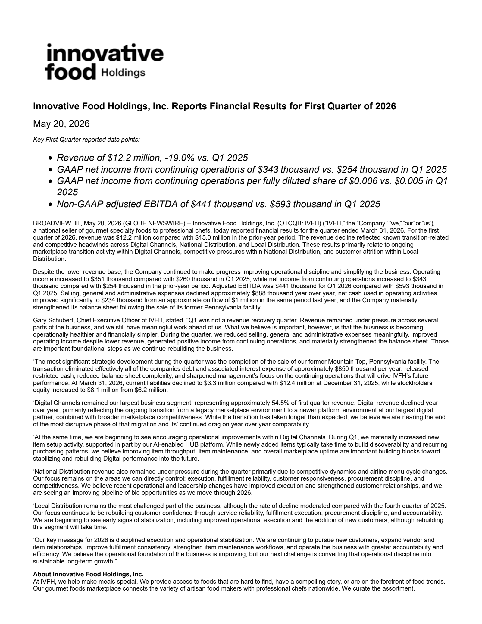 Innovative Food's Q1 2026 Press Release