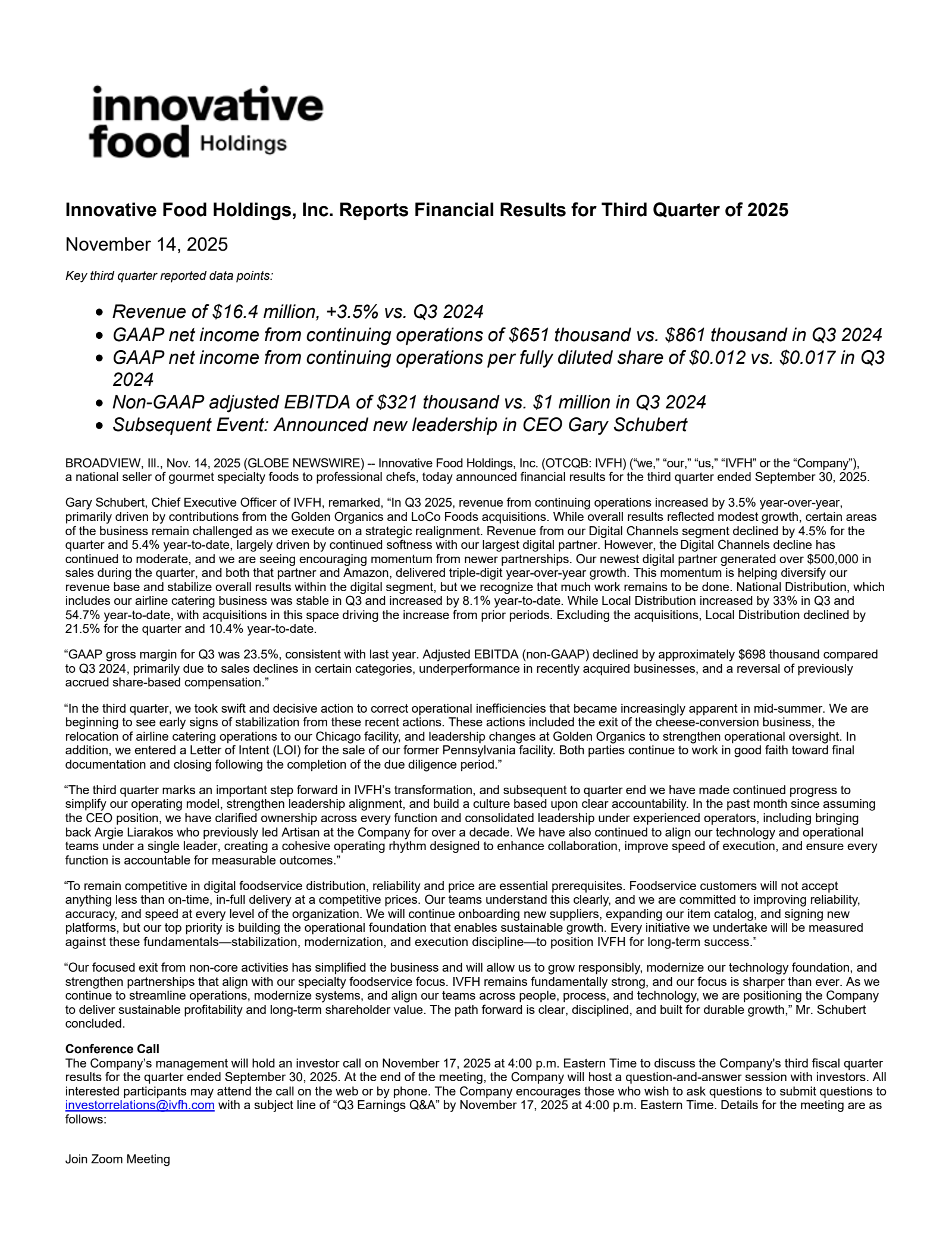 Innovative Food's Q3 2025 Earnings Release
