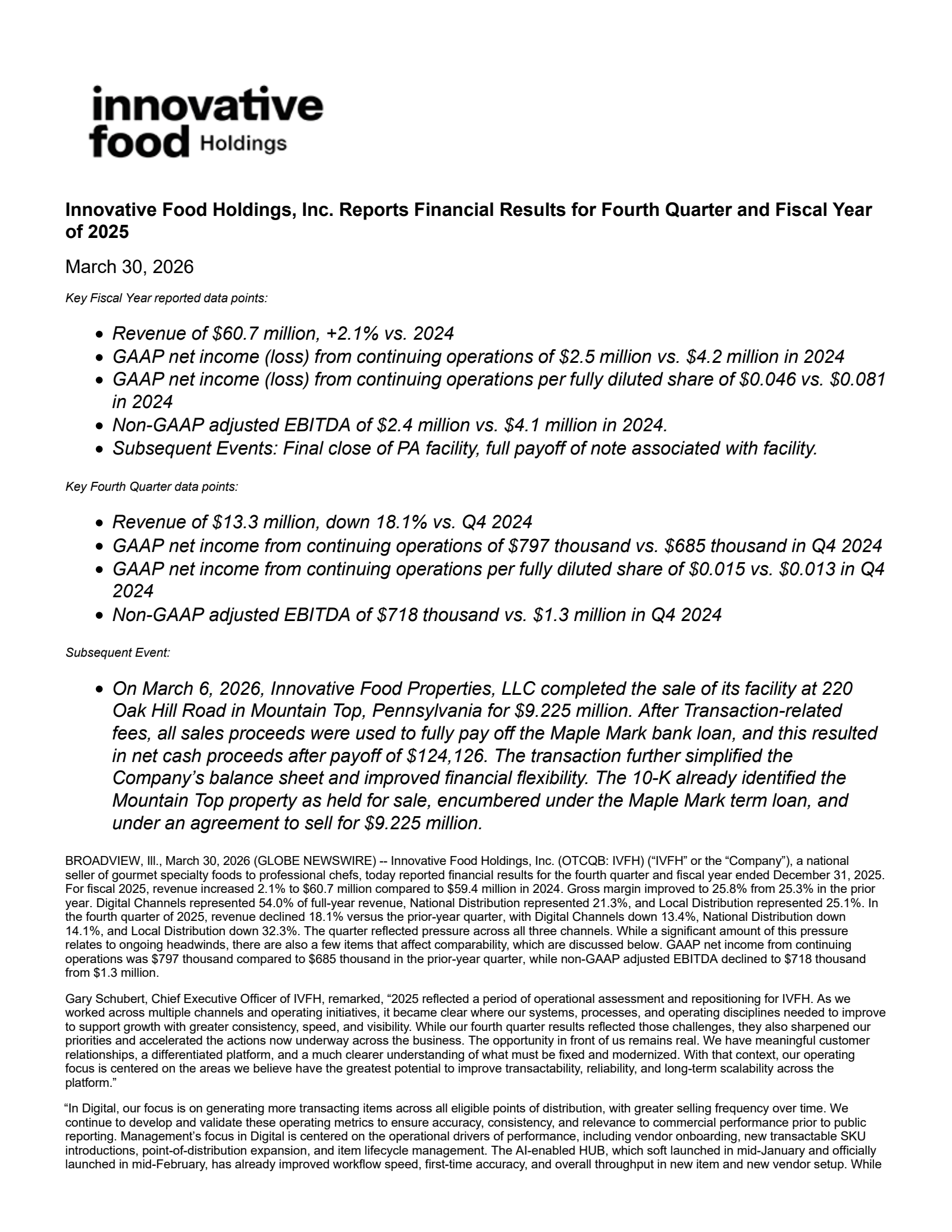 Innovative Food's Q4 2025 Press Release