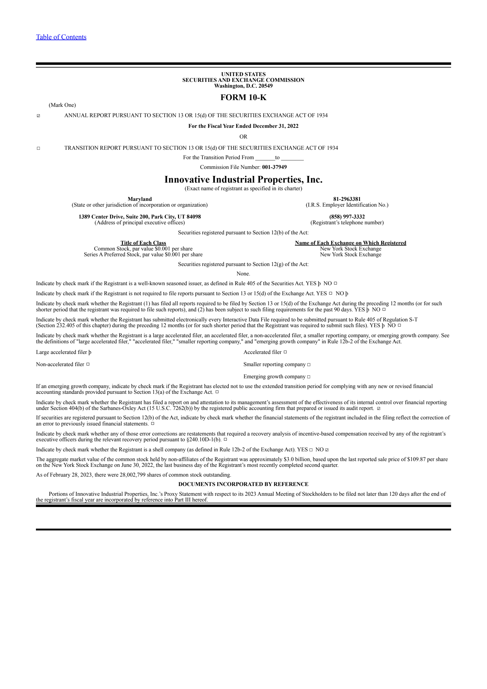Innovative Industrial Properties' Q4 2022 Annual report