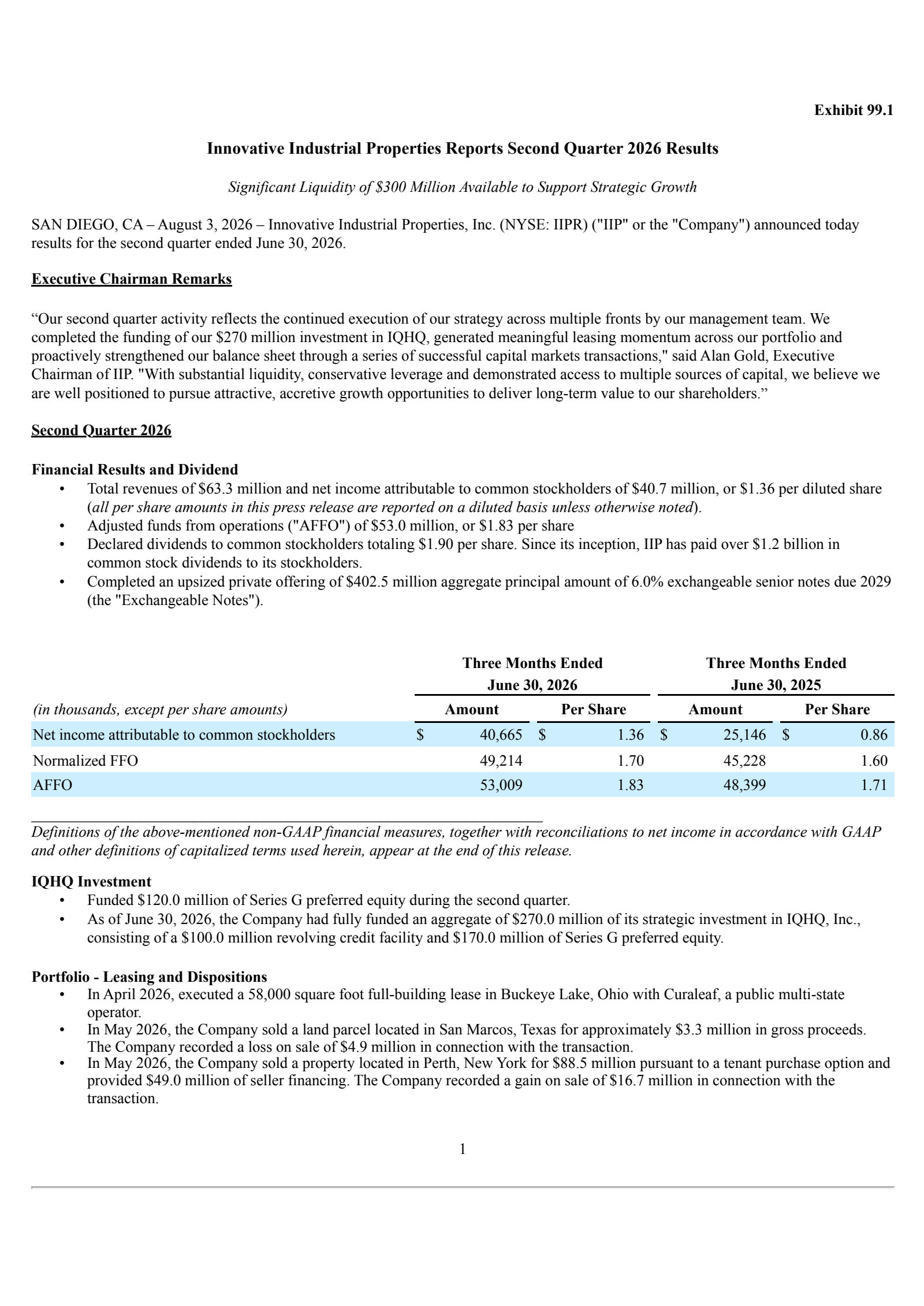 Innovative Industrial Properties' Q2 2026 Press Release