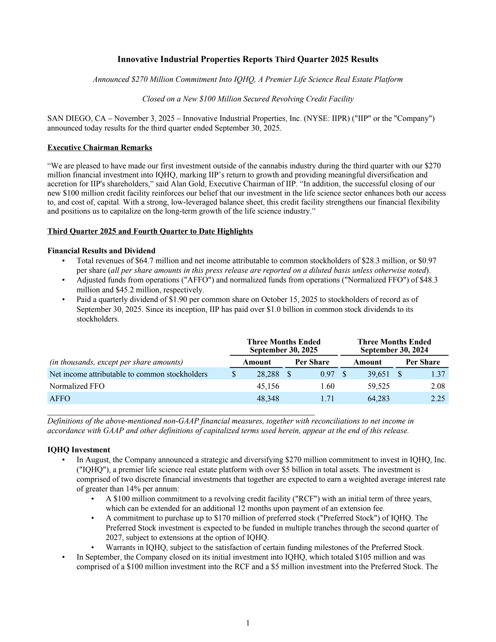 Innovative Industrial Properties' Q3 2025 Earnings Release