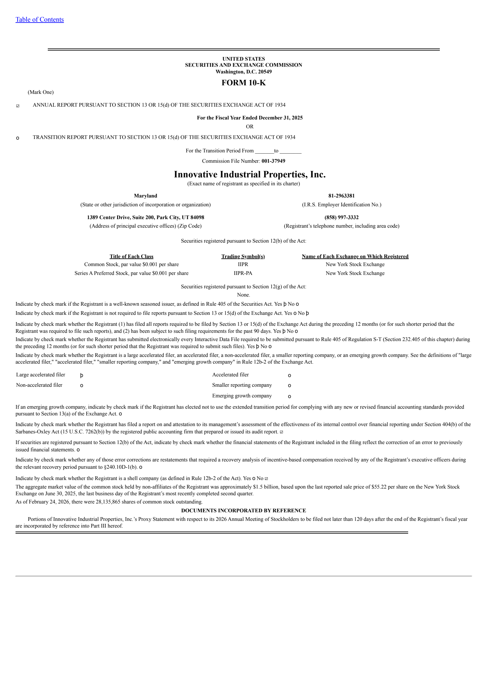 Innovative Industrial Properties' Q4 2025 Annual report