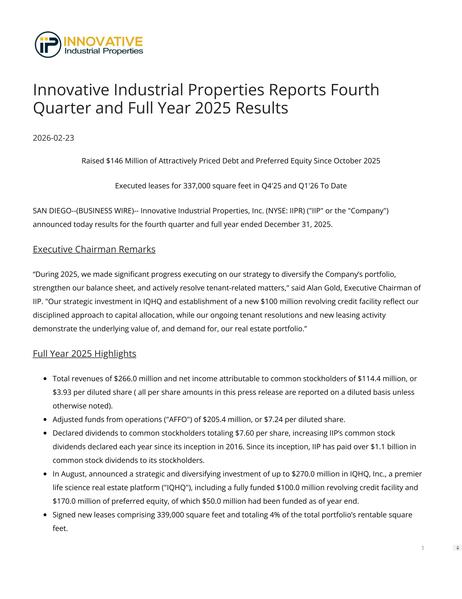 Innovative Industrial Properties' Q4 2025 Press Release