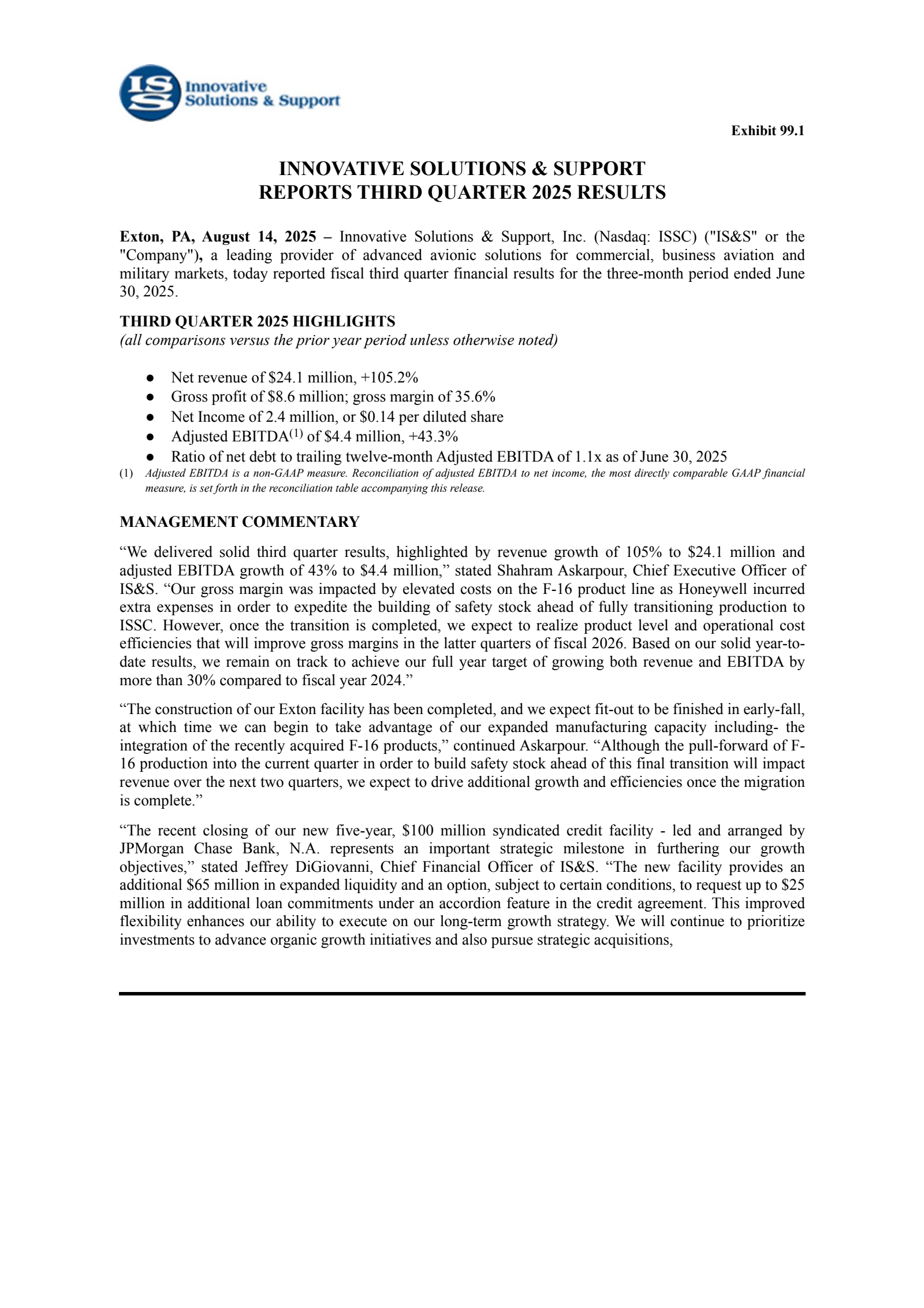 Innovative Solutions and Support's Q3 2025 Press Release