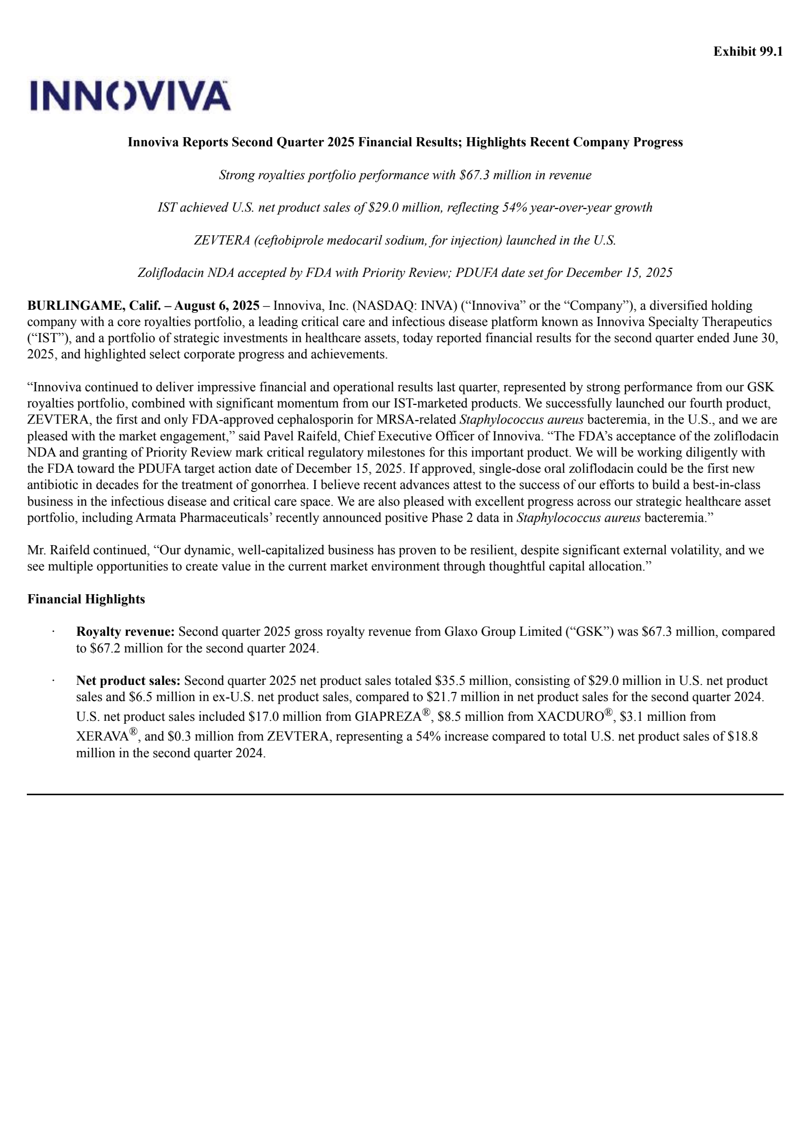 Innoviva's Q2 2025 Press Release