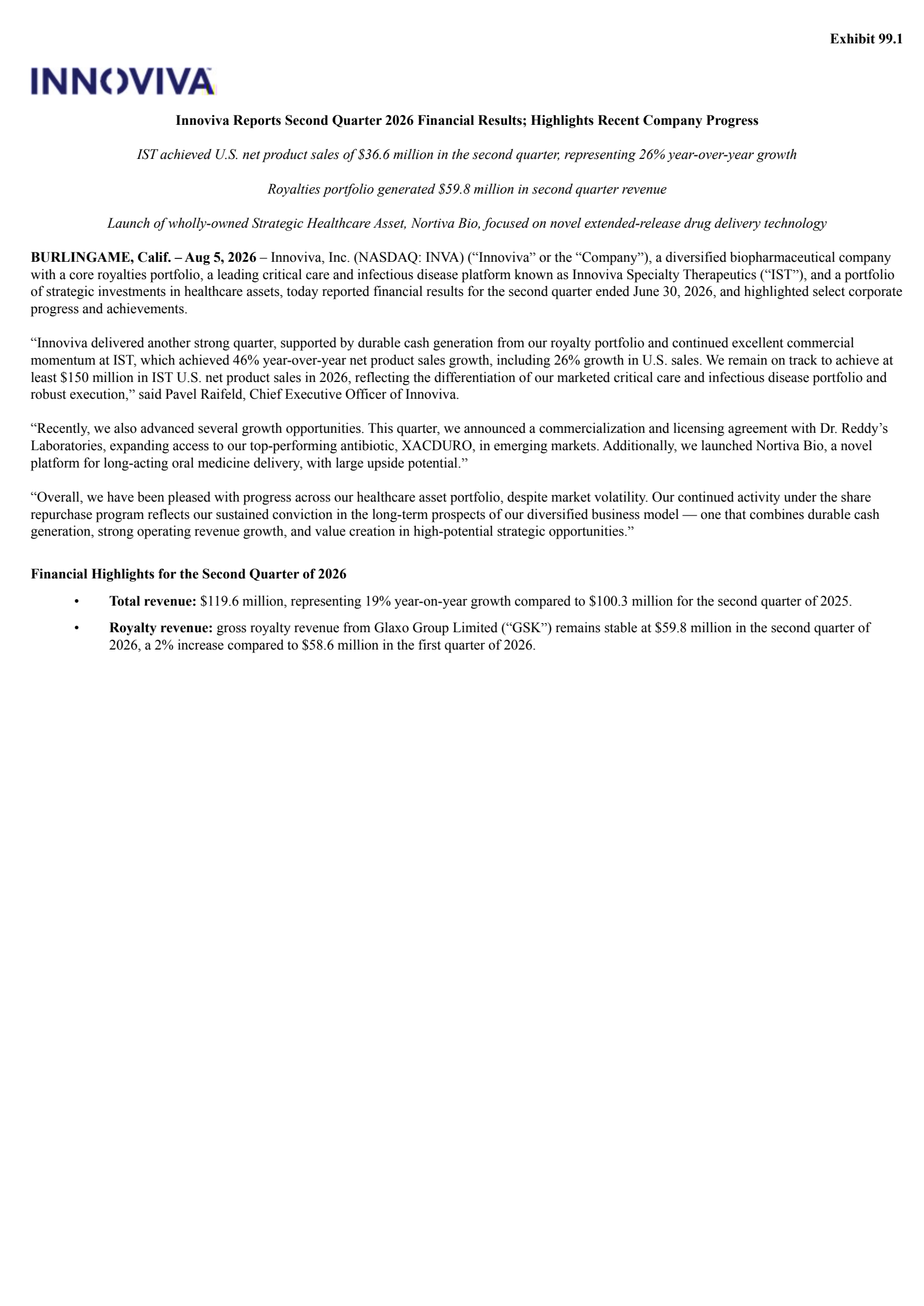 Innoviva's Q2 2026 Press Release