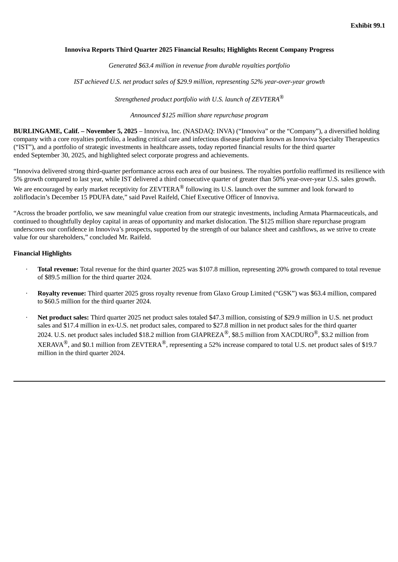 Innoviva's Q3 2025 Earnings Release