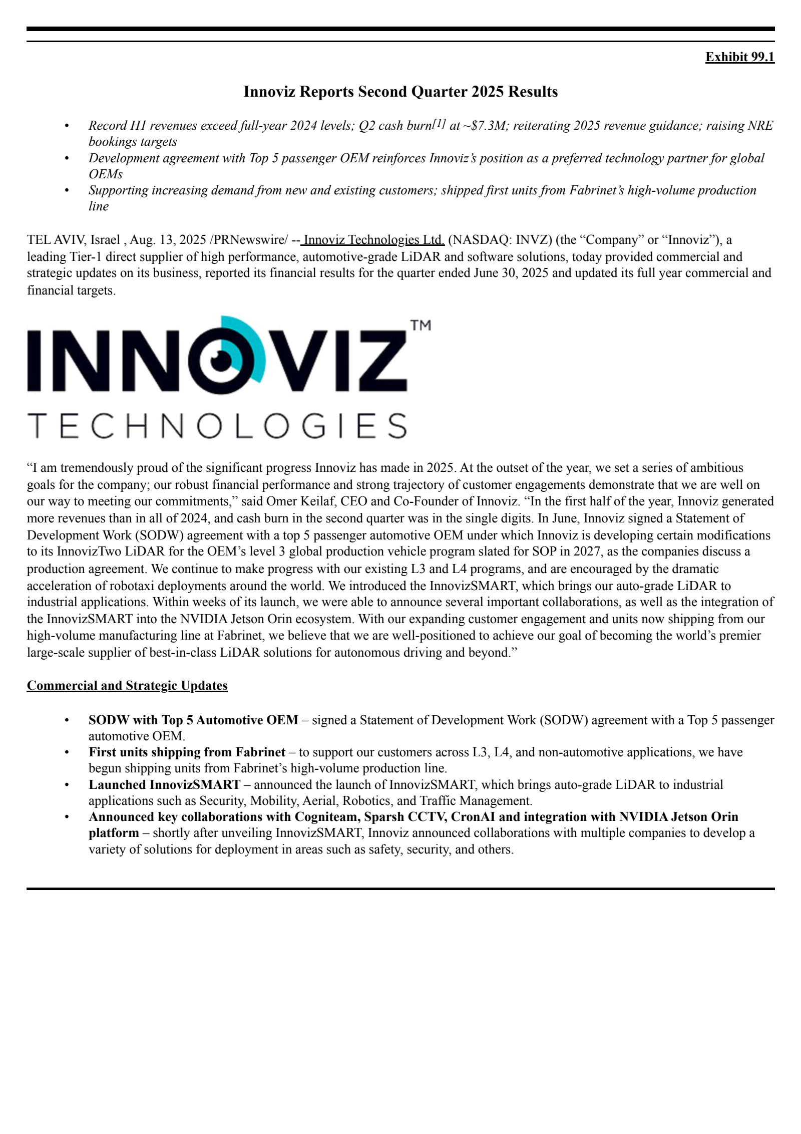 Innoviz Technologies' Q2 2025 Press Release