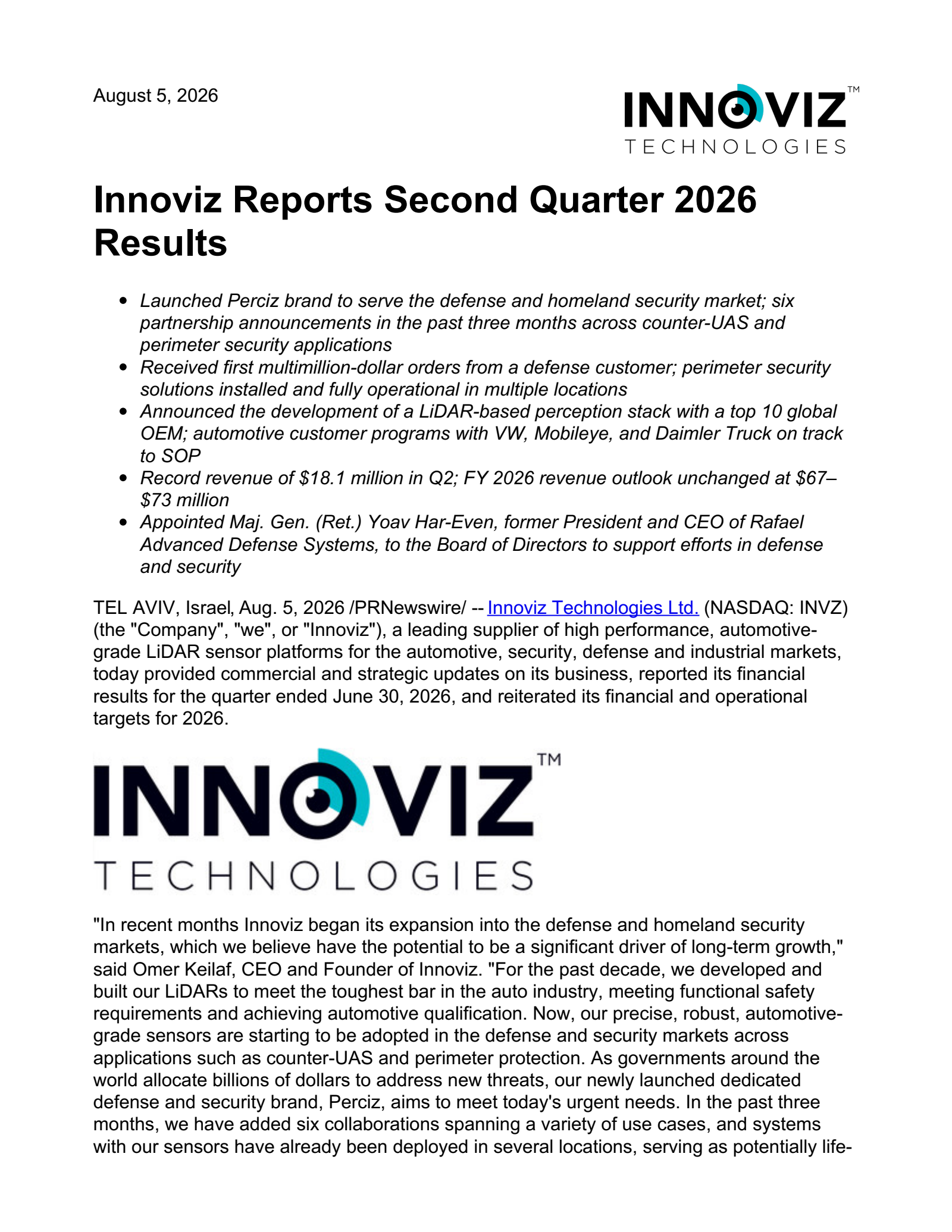 Innoviz Technologies' Q2 2026 Press Release