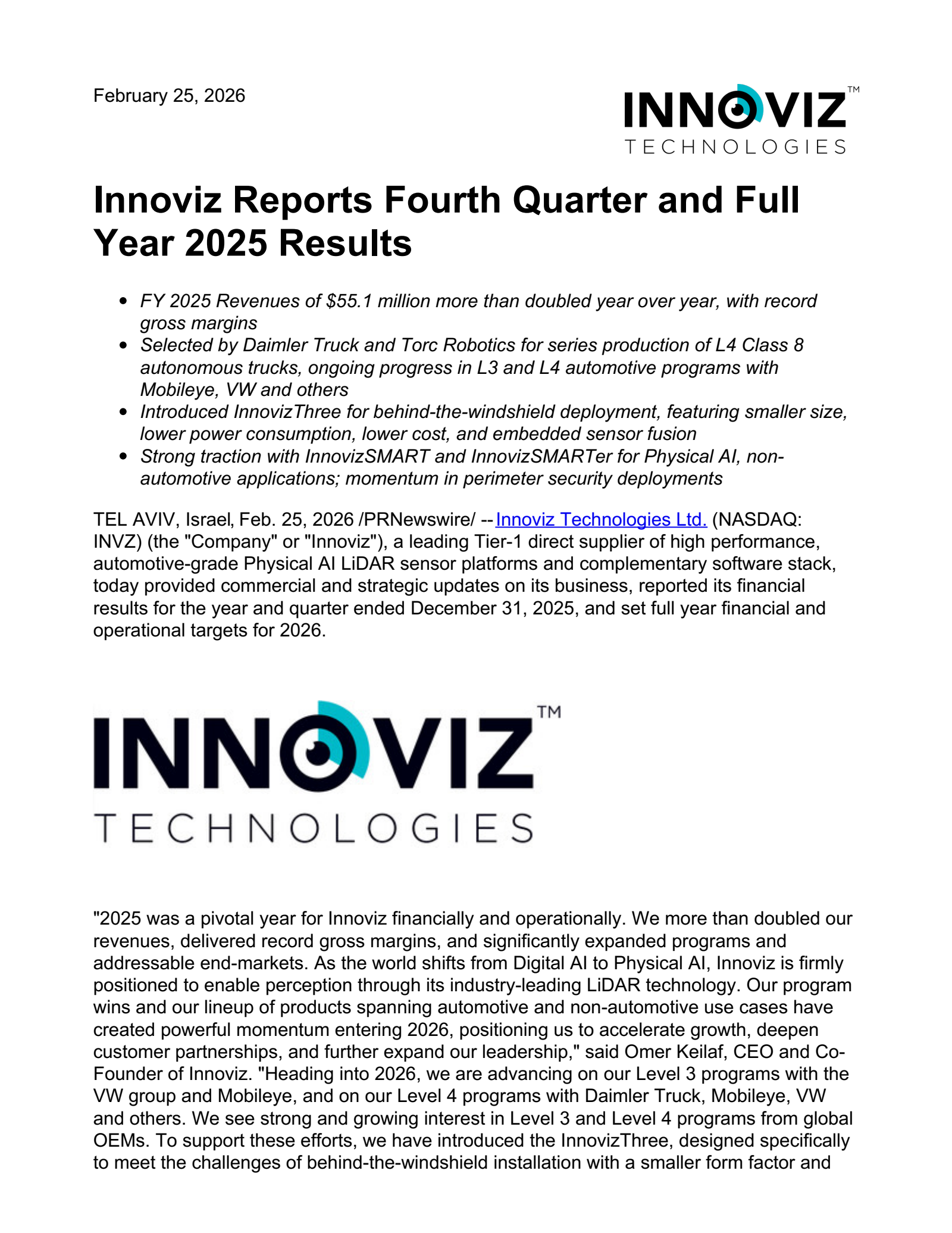 Innoviz Technologies' Q4 2025 Press Release