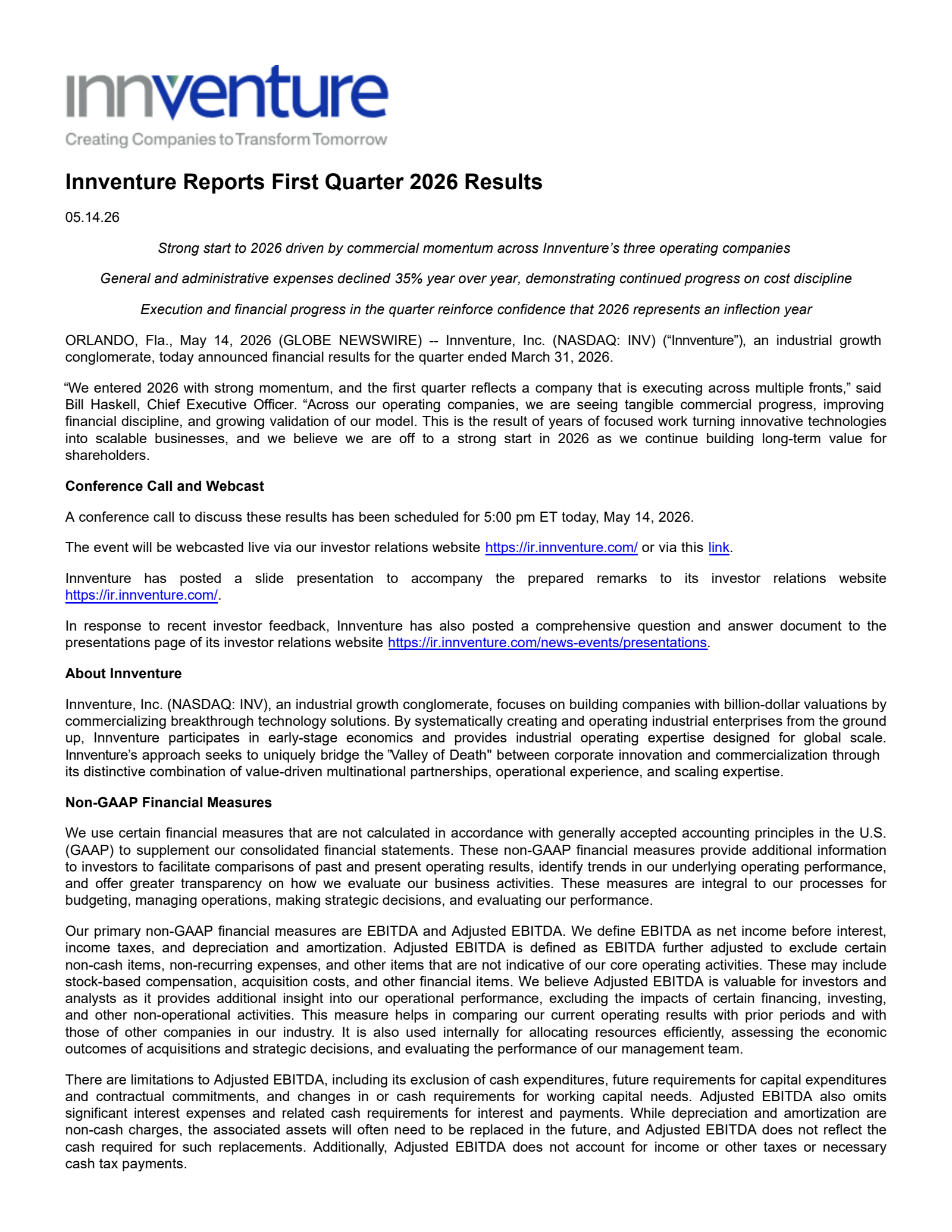 Innventure's Q1 2026 Press Release