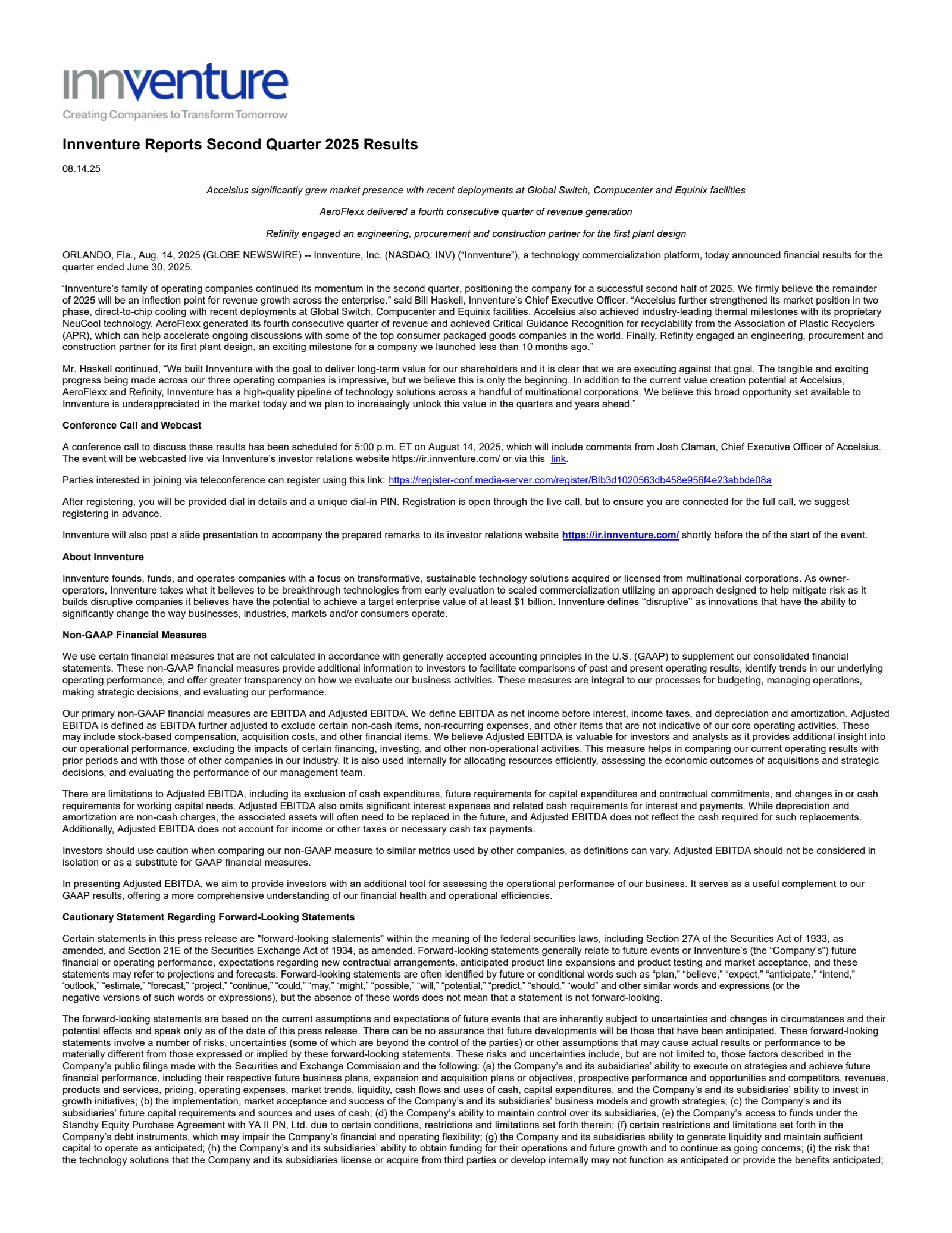 Innventure's Q2 2025 Press Release